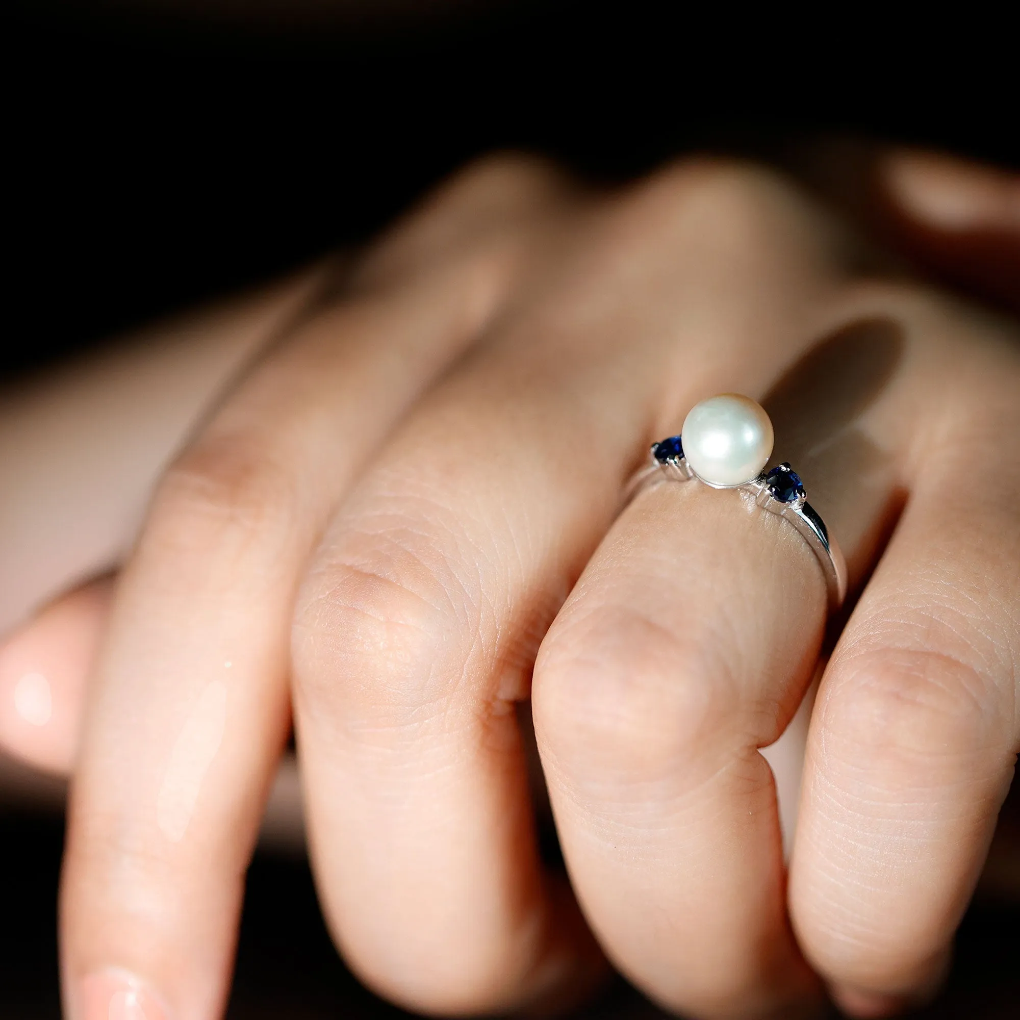 Freshwater Pearl Solitaire Engagement Ring with Blue Sapphire