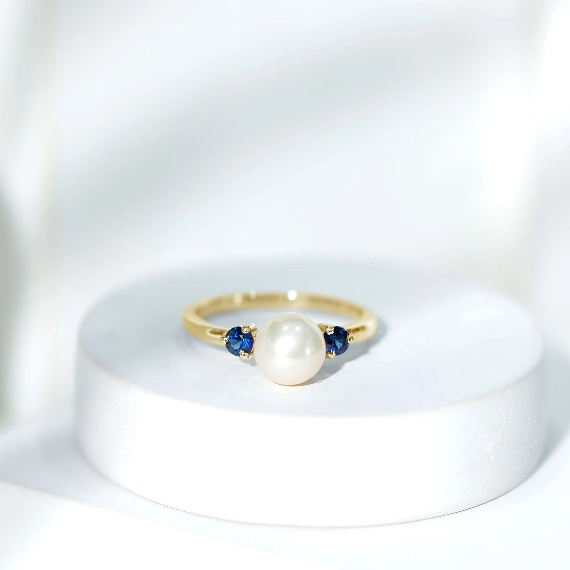 Freshwater Pearl Solitaire Engagement Ring with Blue Sapphire