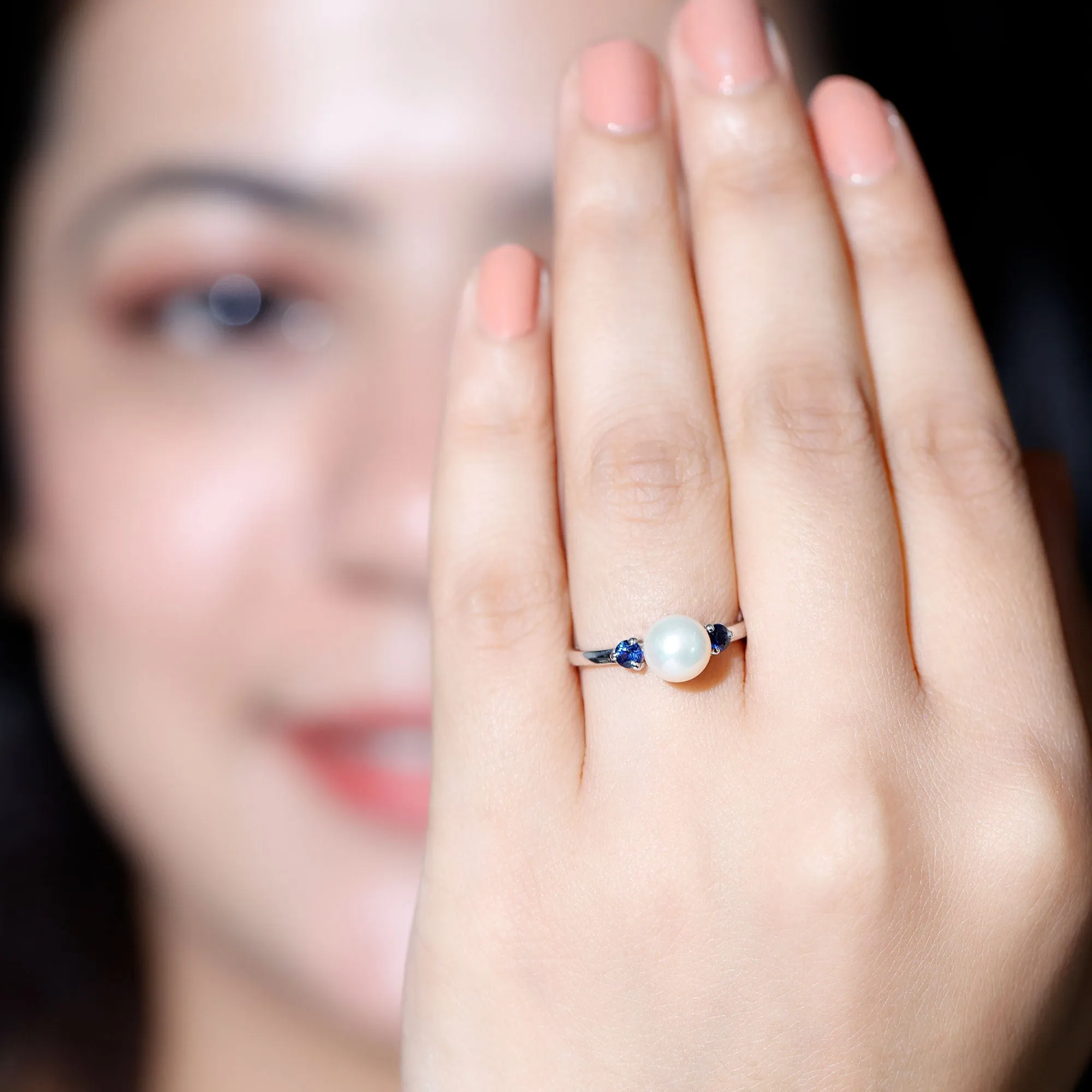 Freshwater Pearl Solitaire Engagement Ring with Blue Sapphire