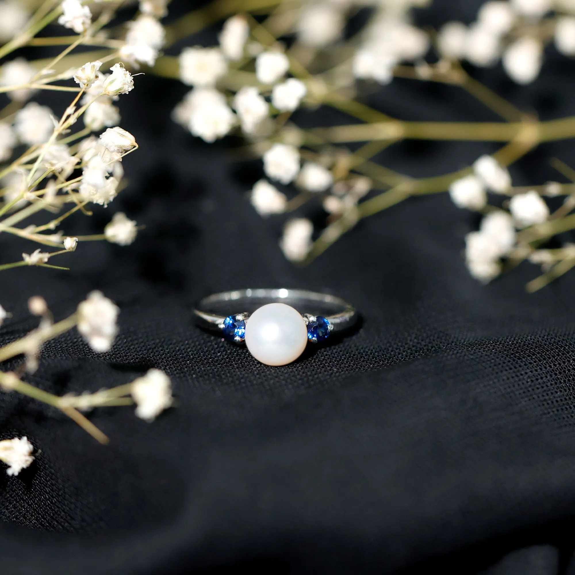 Freshwater Pearl Solitaire Engagement Ring with Blue Sapphire