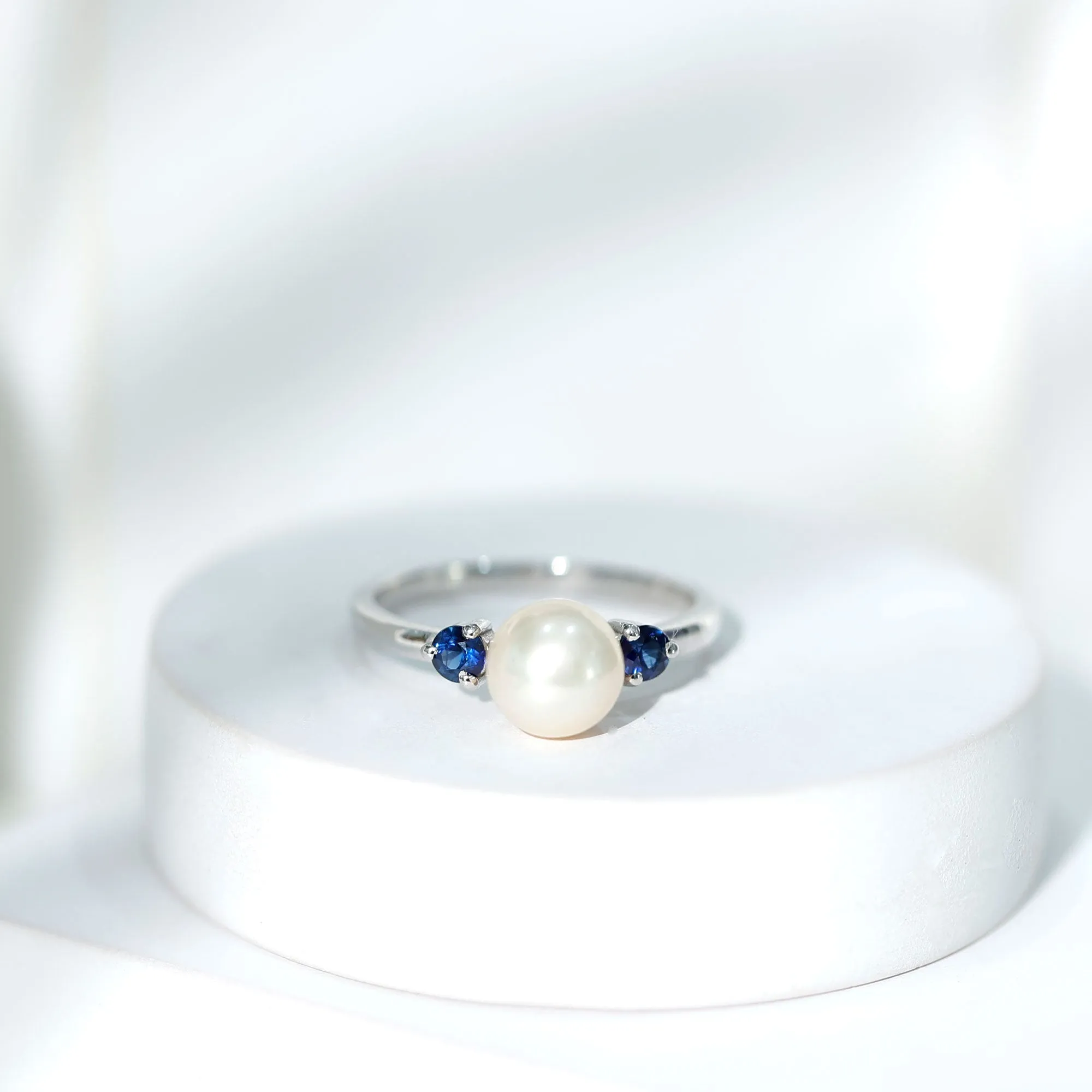 Freshwater Pearl Solitaire Engagement Ring with Blue Sapphire