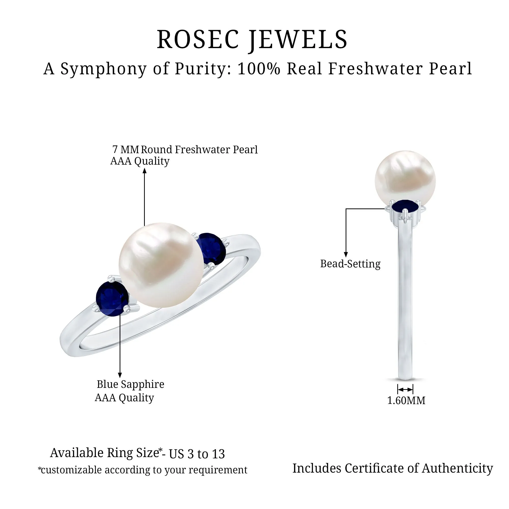 Freshwater Pearl Solitaire Engagement Ring with Blue Sapphire