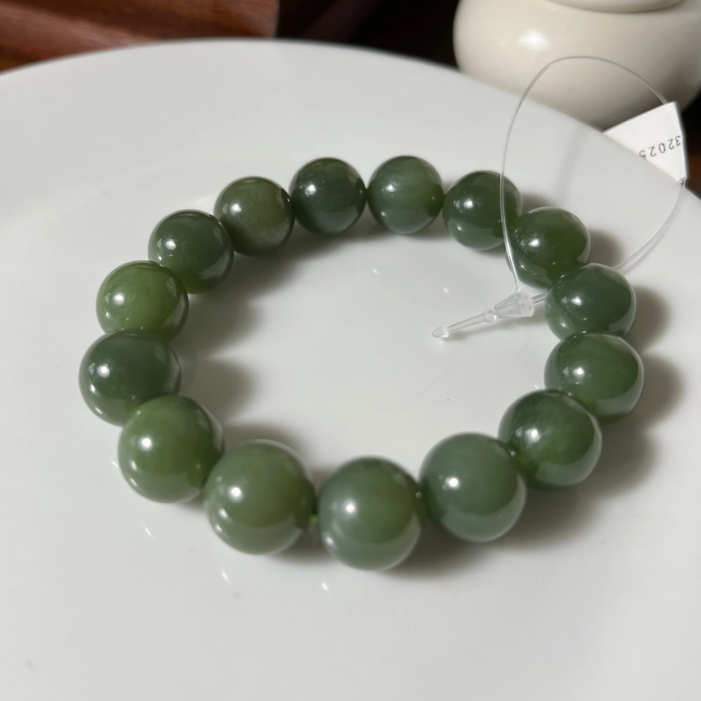 Genuine Dark Green Siberian Nephrite Jade Bracelet - 12mm beads 6 inch length