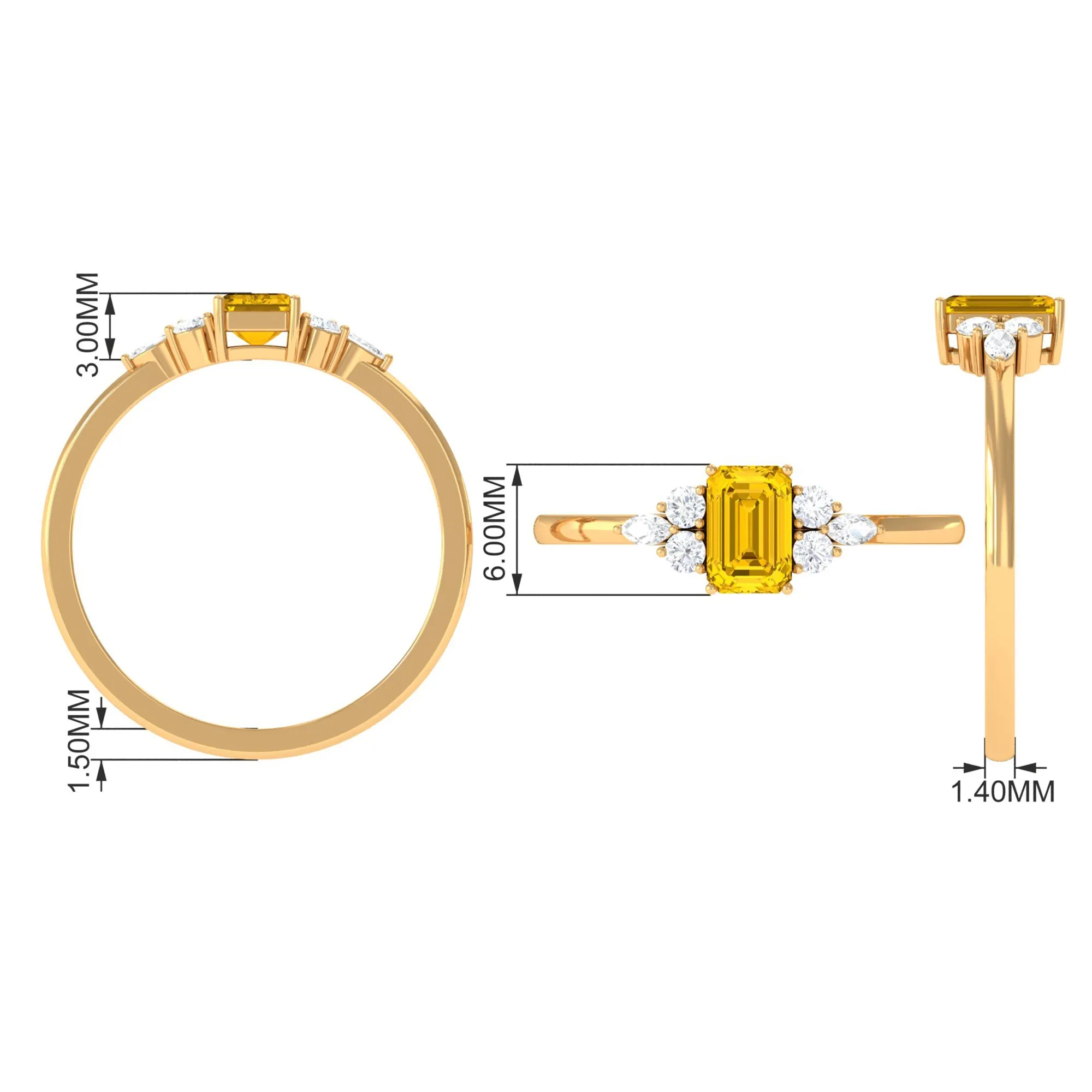 Genuine Yellow Sapphire Solitaire Ring with Diamond Trio