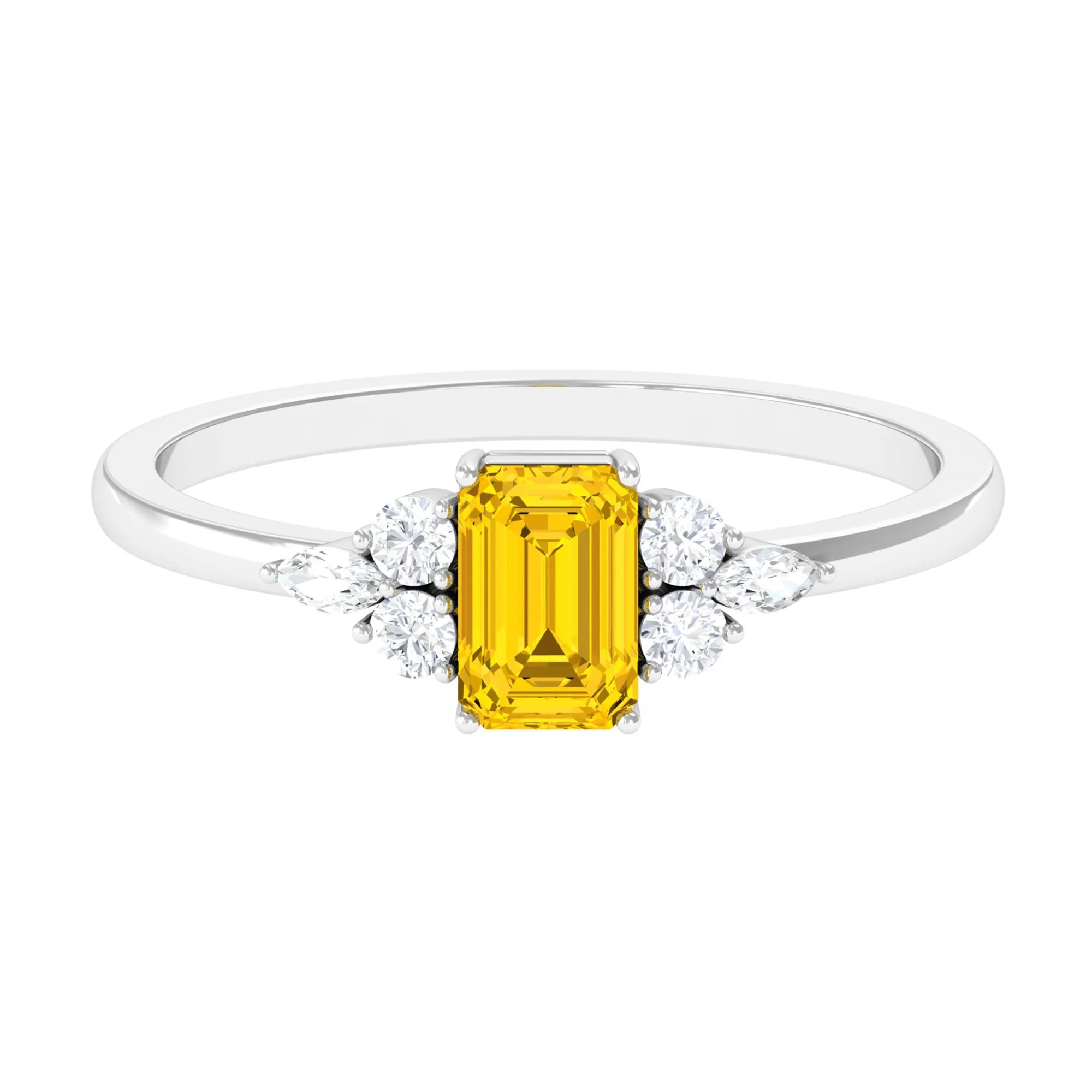 Genuine Yellow Sapphire Solitaire Ring with Diamond Trio