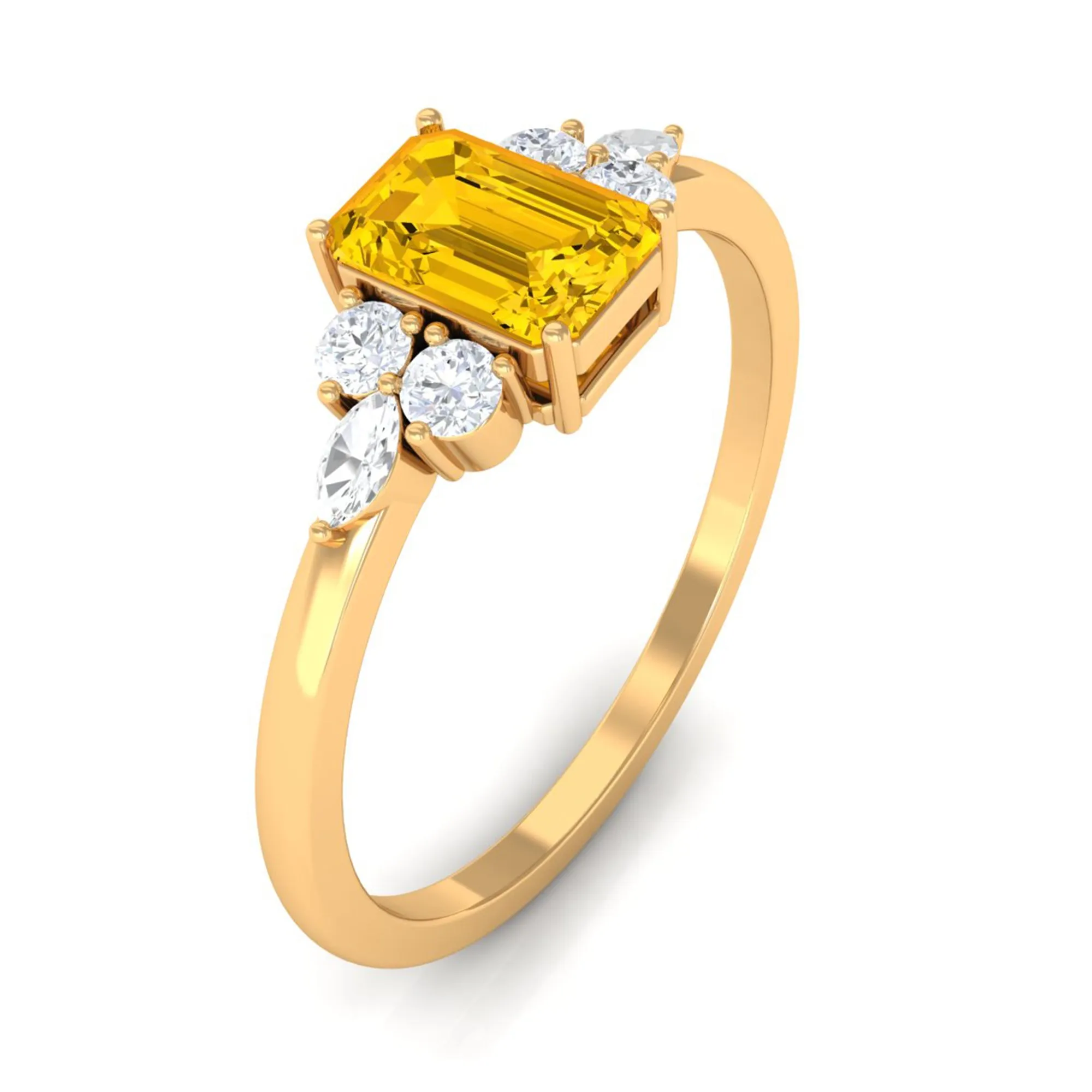Genuine Yellow Sapphire Solitaire Ring with Diamond Trio