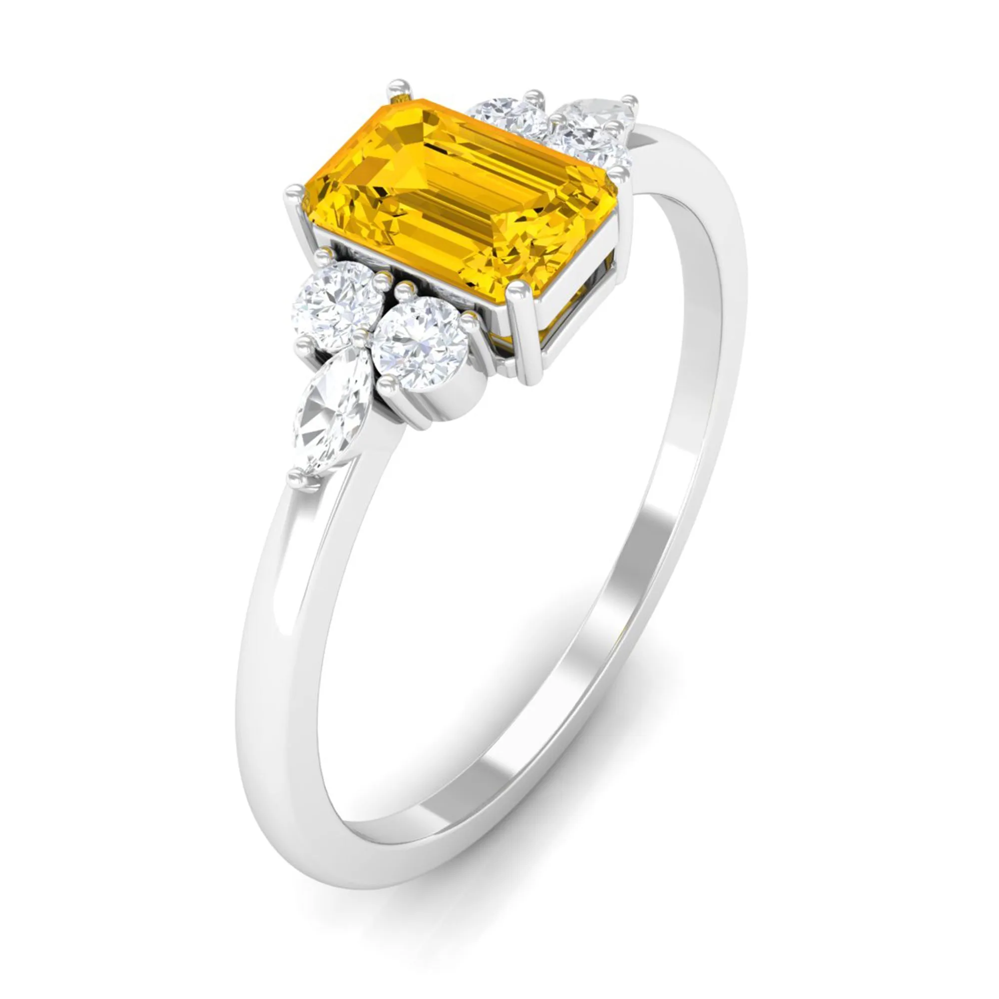 Genuine Yellow Sapphire Solitaire Ring with Diamond Trio