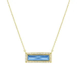 Gold Finish Sterling Silver Necklace with Rectangular Simulated Blue Topaz Stone and Simulated Diamonds on 16" - 18" Chain