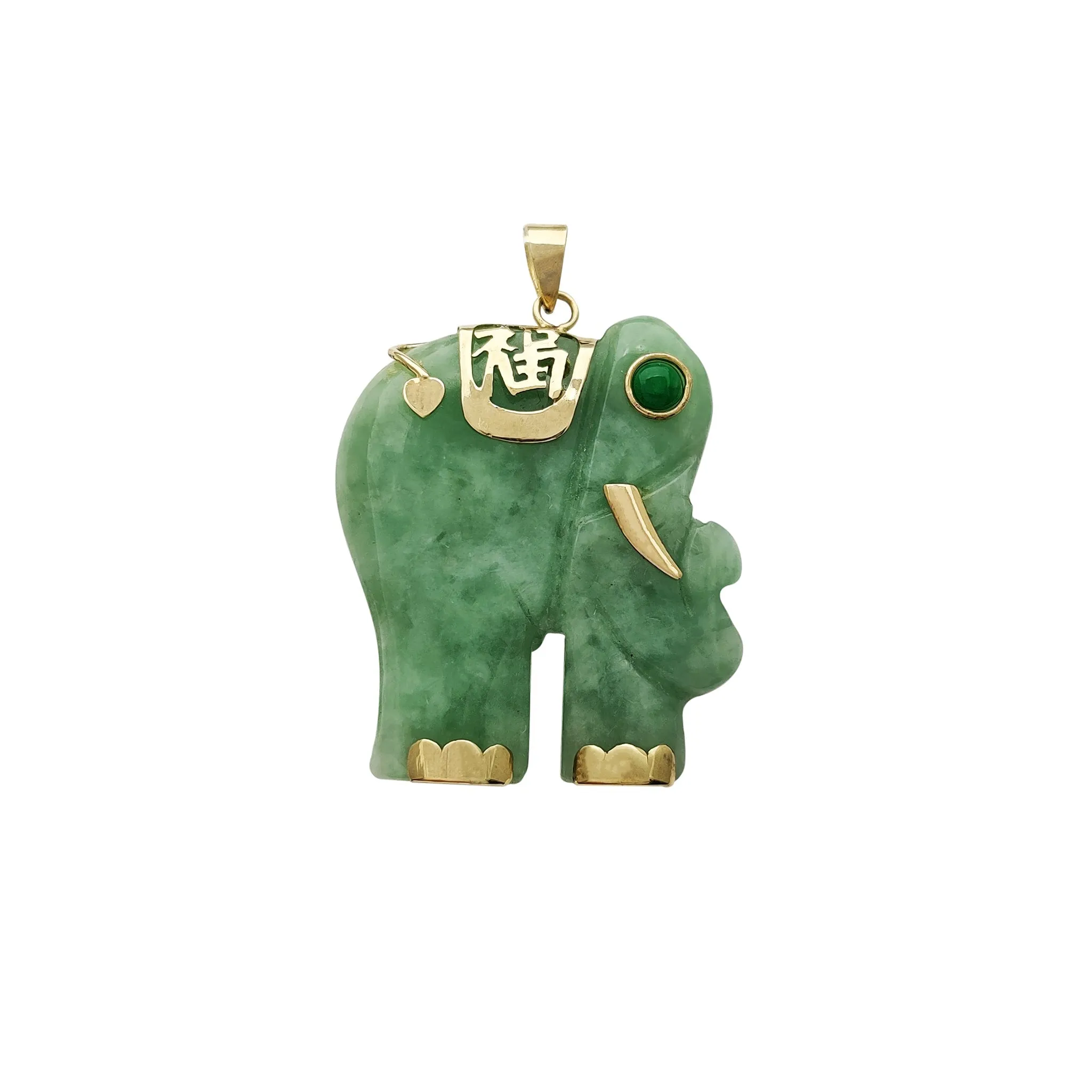 Green-Eye "Fortune & Happiness" Ornament Elephant Jade Pendant (14K)