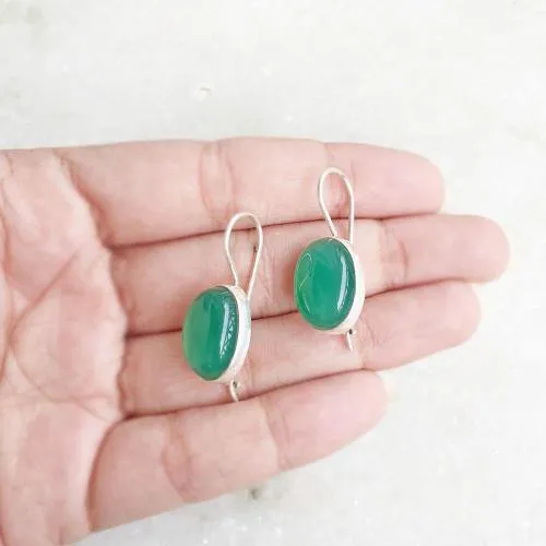 Green Onyx Fixed Hook Silver Earring