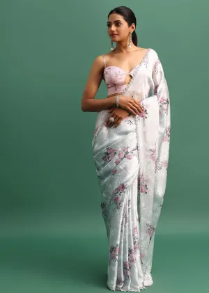 Grey Floral Printed Satin Saree With Stone Embroidered Border And Unstitched Blouse
