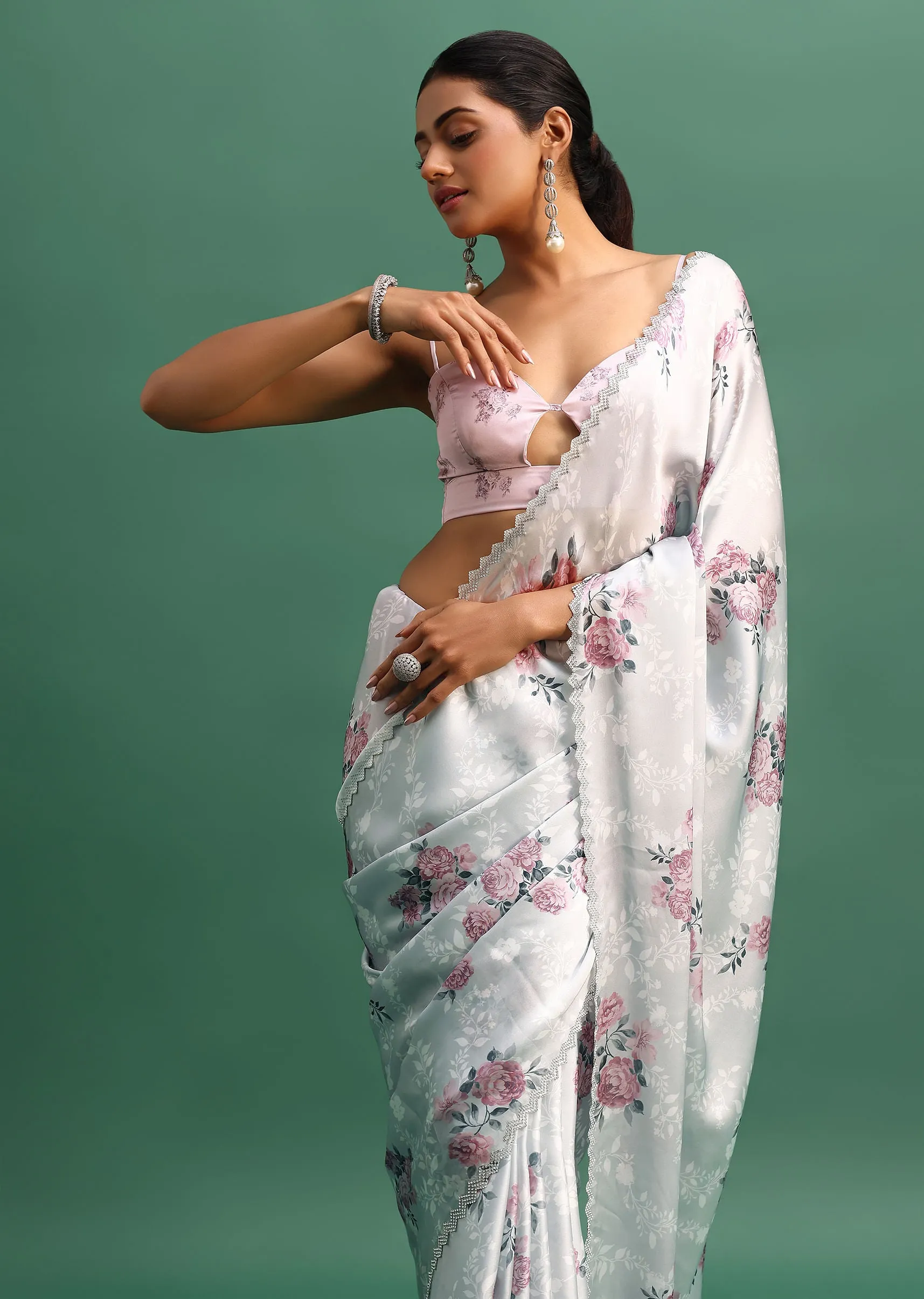Grey Floral Printed Satin Saree With Stone Embroidered Border And Unstitched Blouse
