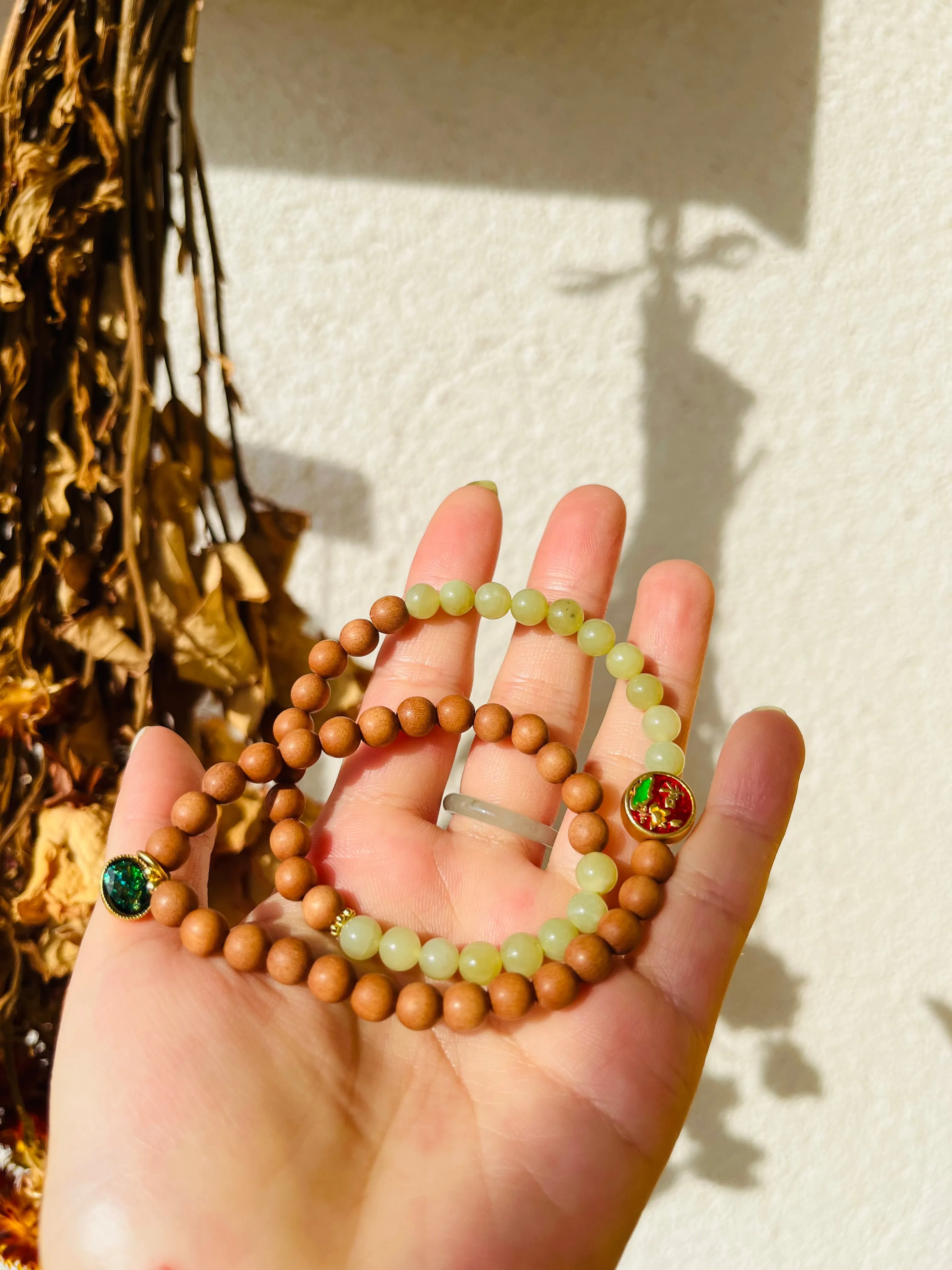 Handmade Double Loop Bracelet with 6m Jade Beads and Sandalwood beads