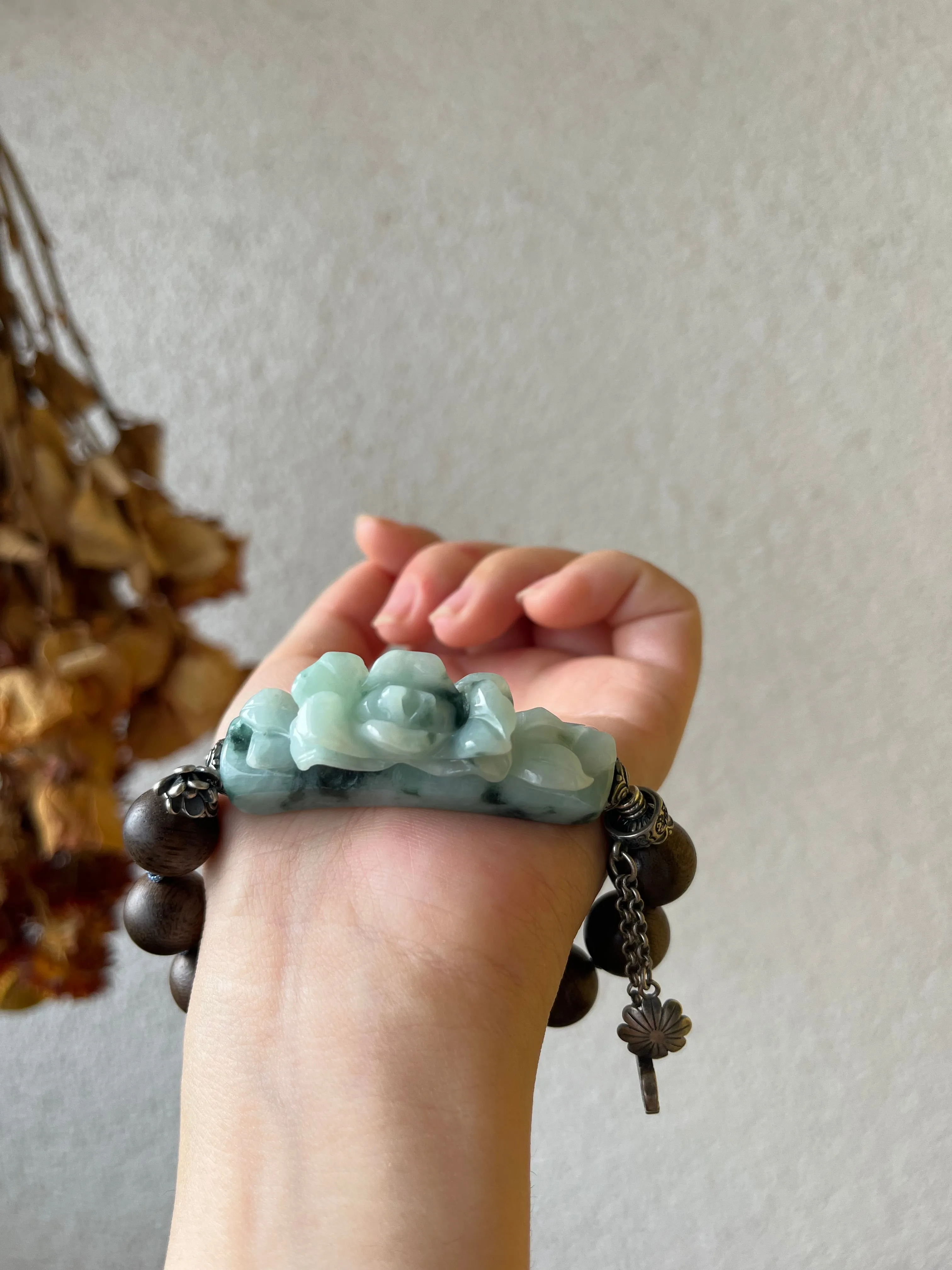 Handwoven Bracelet with a Hand Carved Jadeite Peony Flower and 12mmm Agarwood Beads, 手编沉香翡翠牡丹手牌