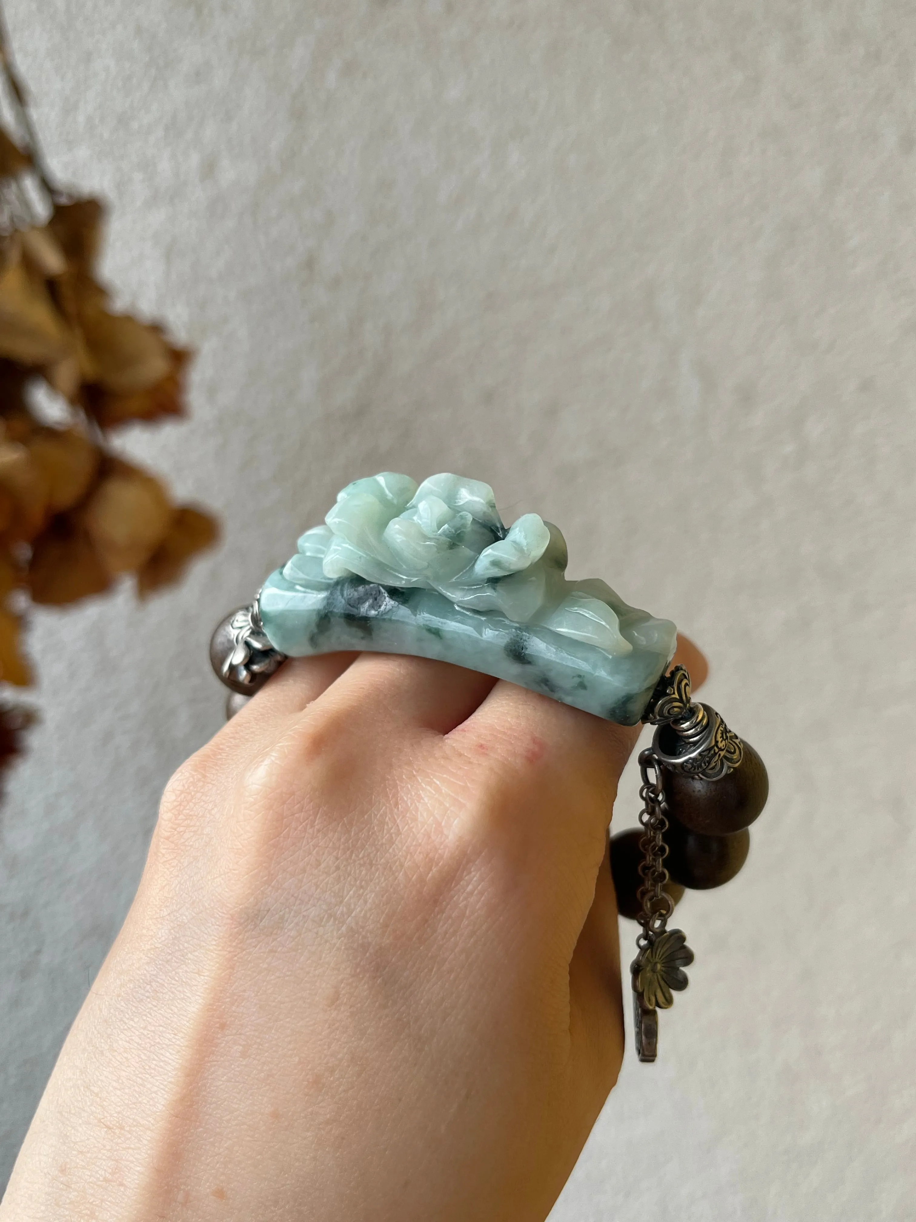 Handwoven Bracelet with a Hand Carved Jadeite Peony Flower and 12mmm Agarwood Beads, 手编沉香翡翠牡丹手牌