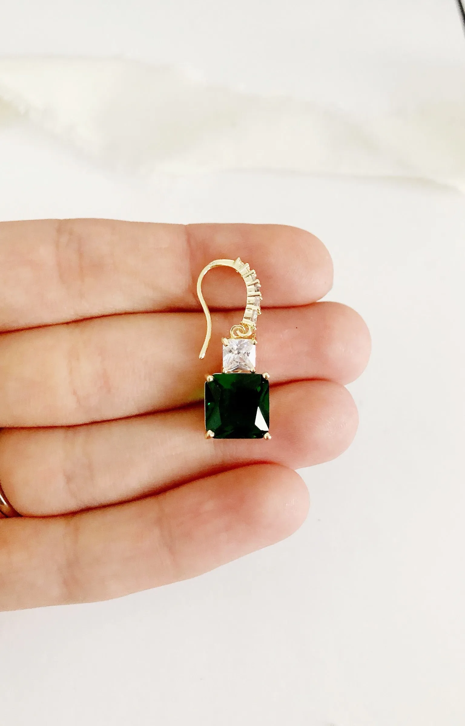 Hazel Emerald Green Diamond Drop Wedding Earrings