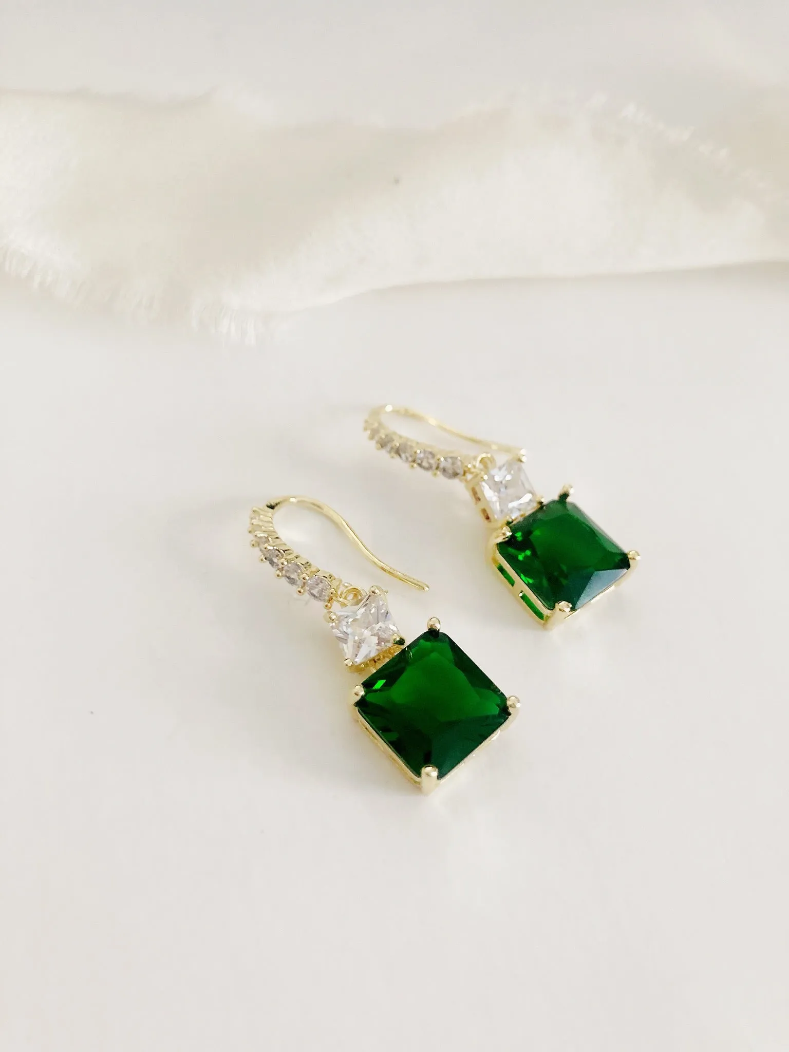 Hazel Emerald Green Diamond Drop Wedding Earrings