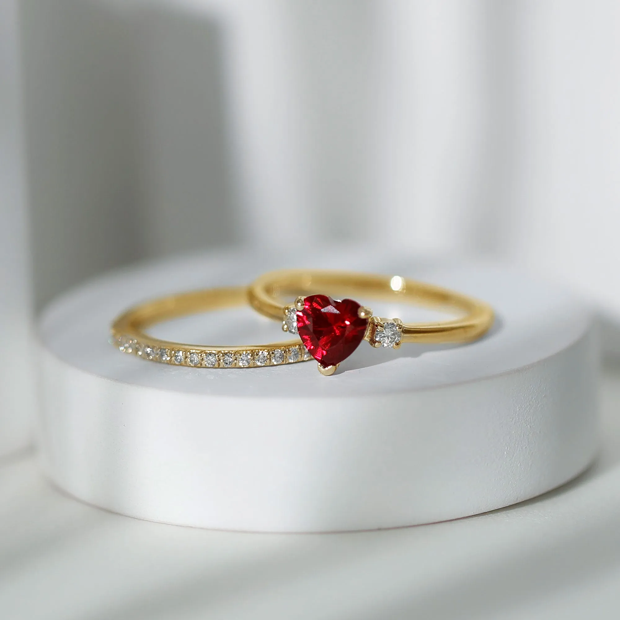 Heart Shape Created Ruby Ring Set with Diamond Enhancer