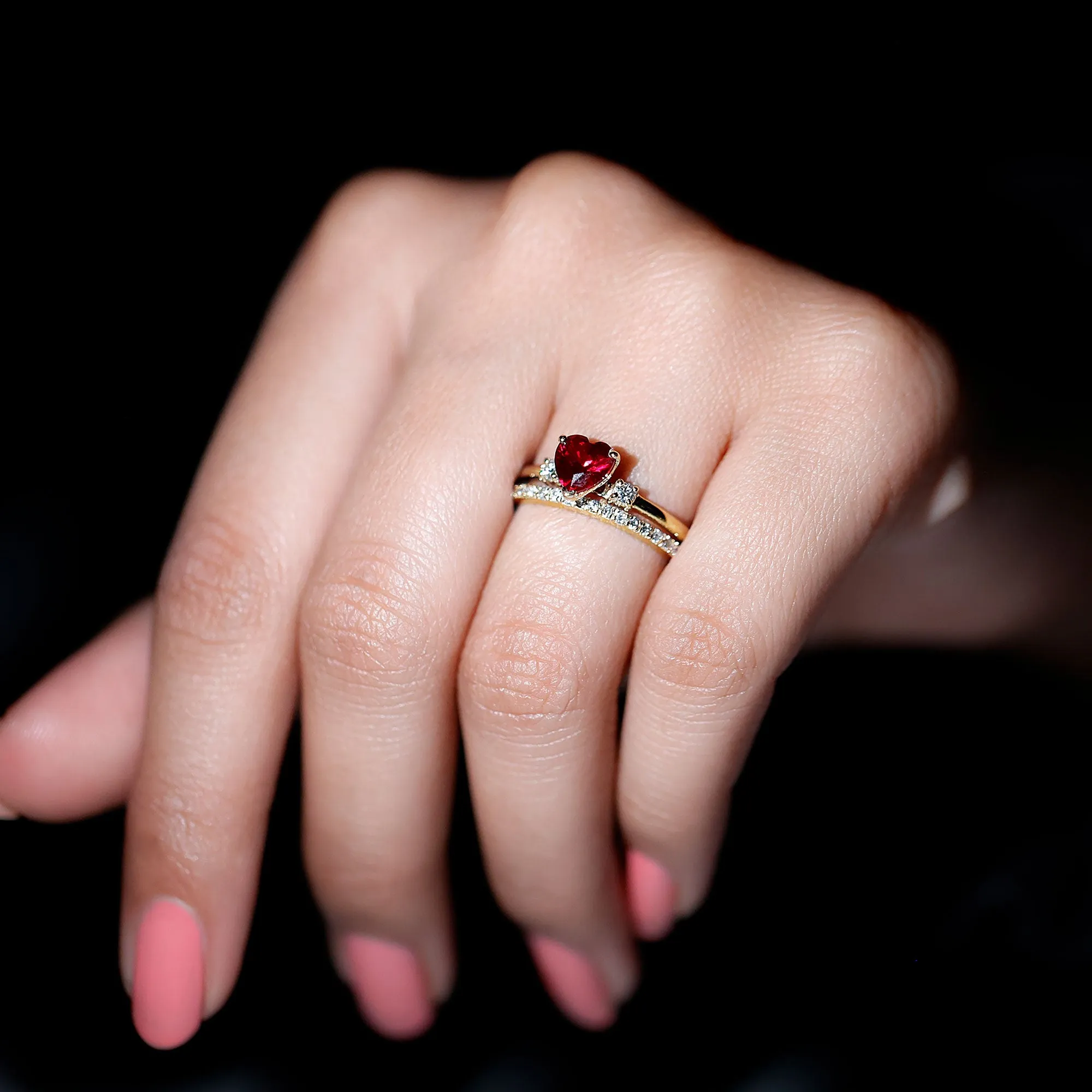 Heart Shape Created Ruby Ring Set with Diamond Enhancer