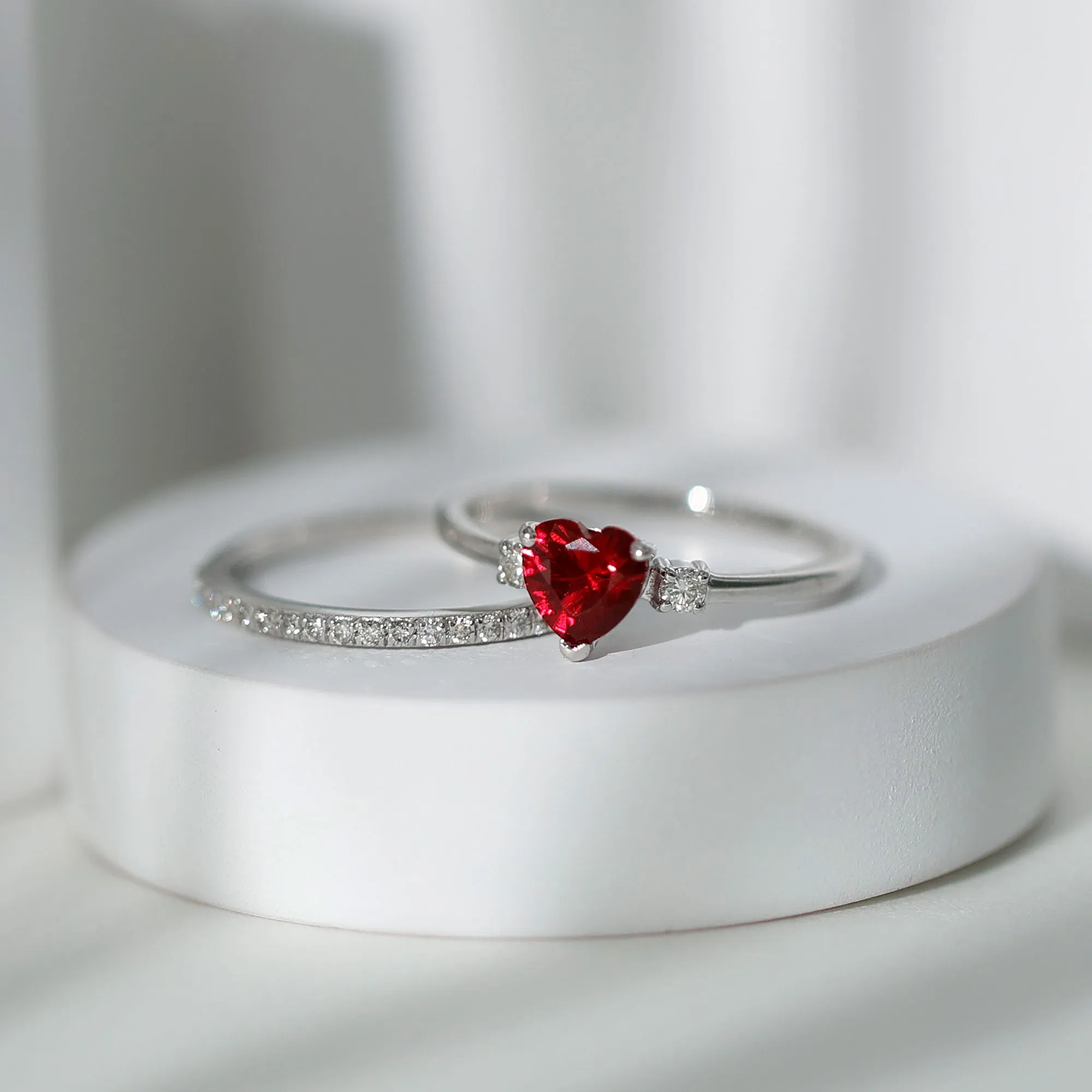 Heart Shape Created Ruby Ring Set with Diamond Enhancer