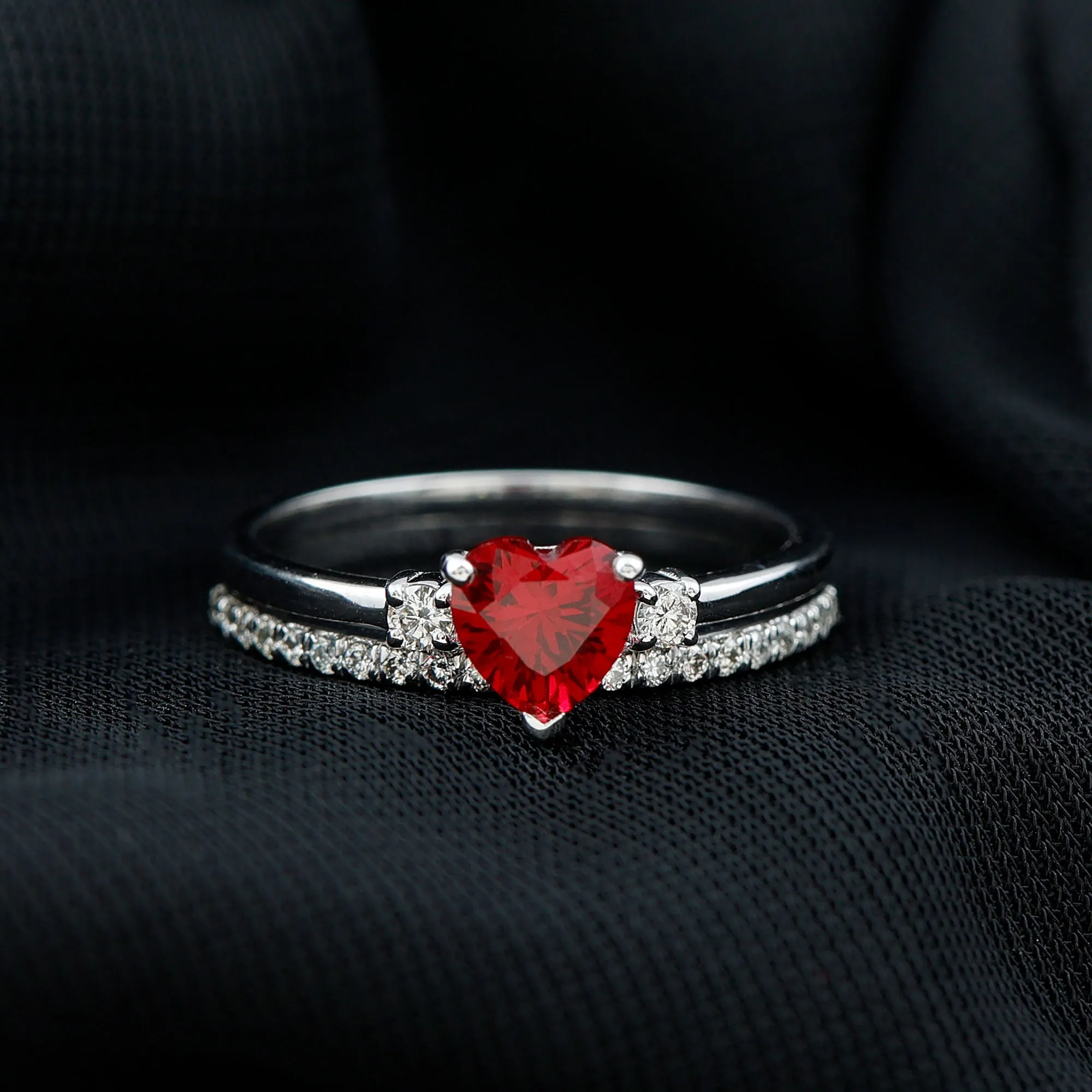 Heart Shape Created Ruby Ring Set with Diamond Enhancer