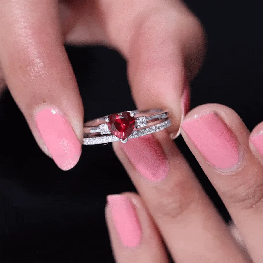Heart Shape Created Ruby Ring Set with Diamond Enhancer
