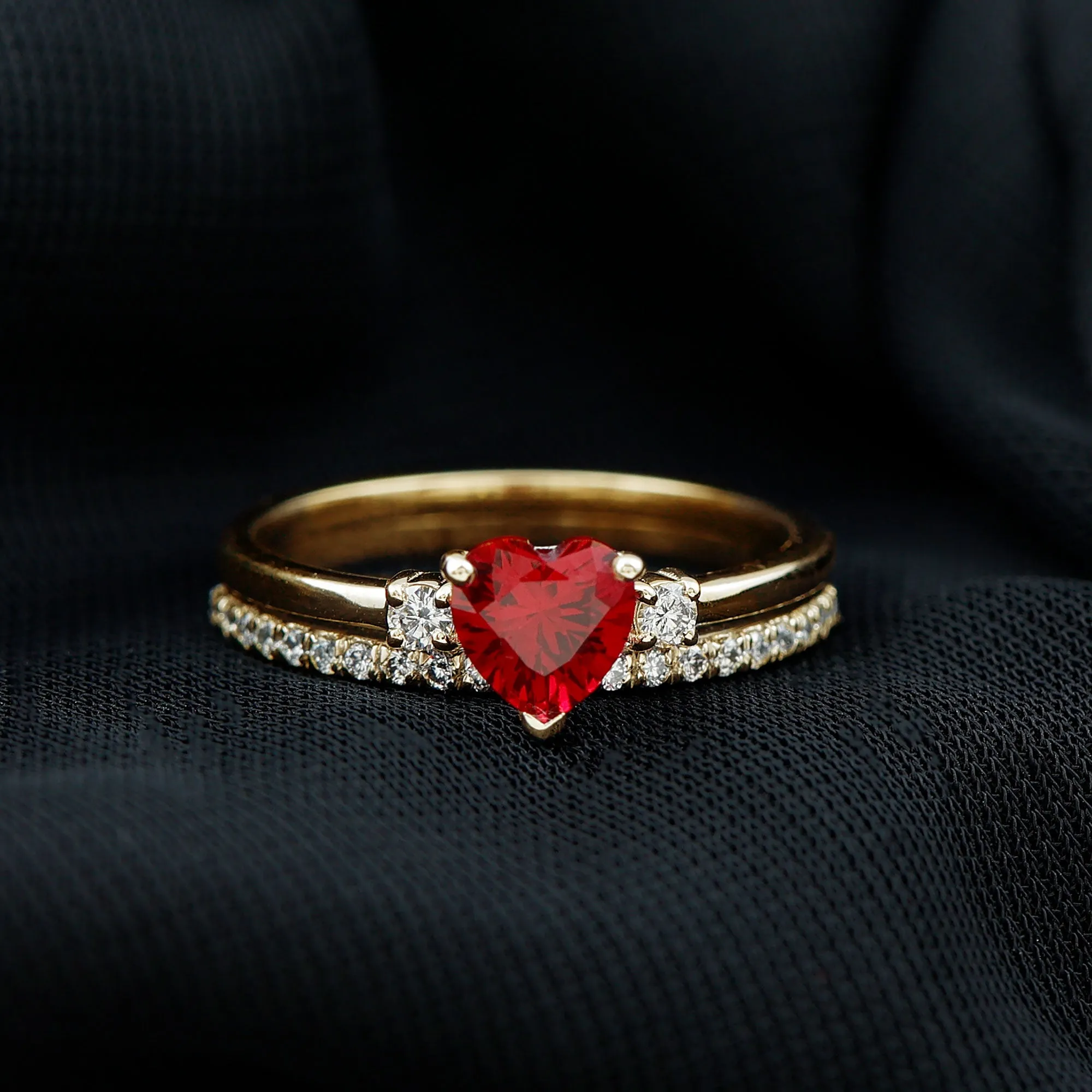 Heart Shape Created Ruby Ring Set with Diamond Enhancer