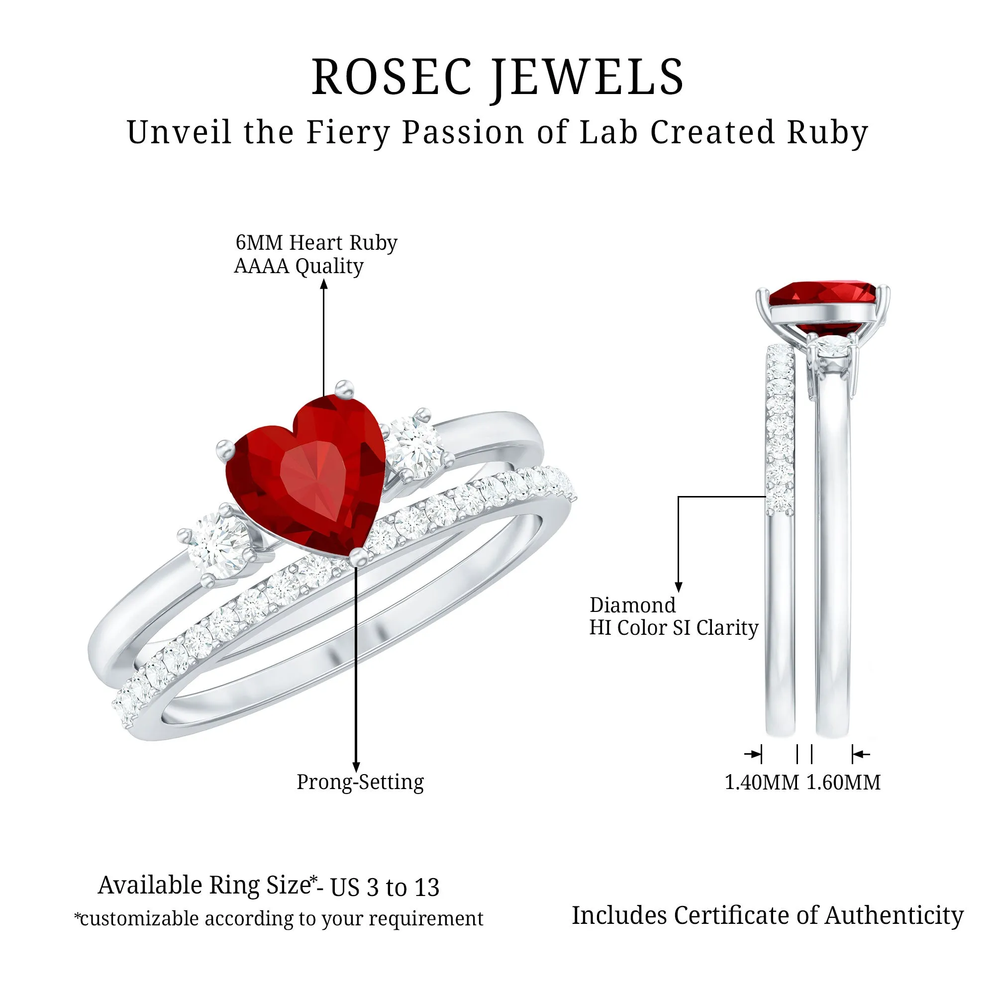 Heart Shape Created Ruby Ring Set with Diamond Enhancer