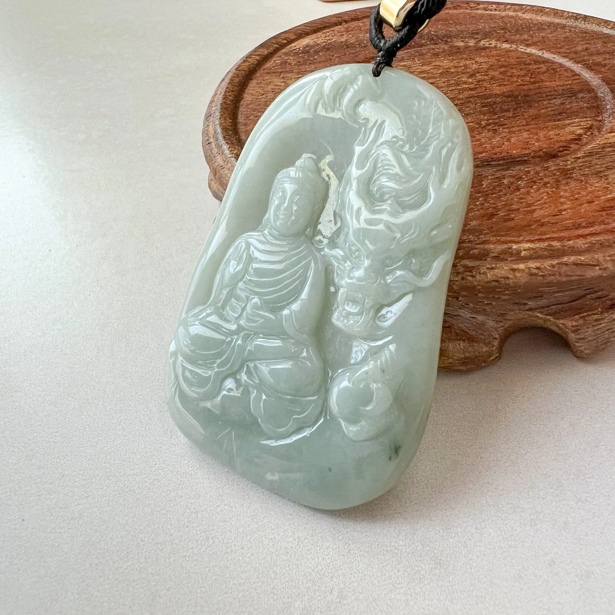 Jadeite Jade Amitabha Buddha Amita Amida and Dragon, Green Carved Pendant Necklace, YJ-0622-0397564