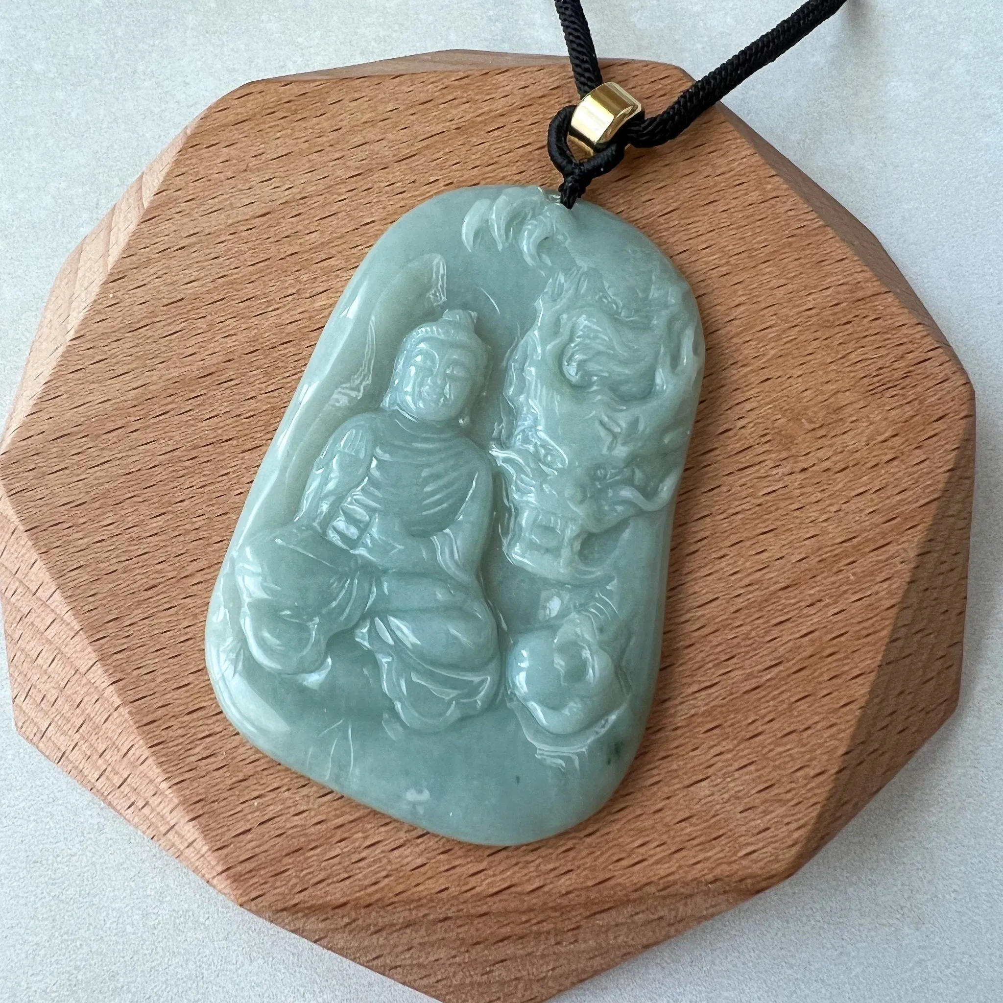 Jadeite Jade Amitabha Buddha Amita Amida and Dragon, Green Carved Pendant Necklace, YJ-0622-0397564