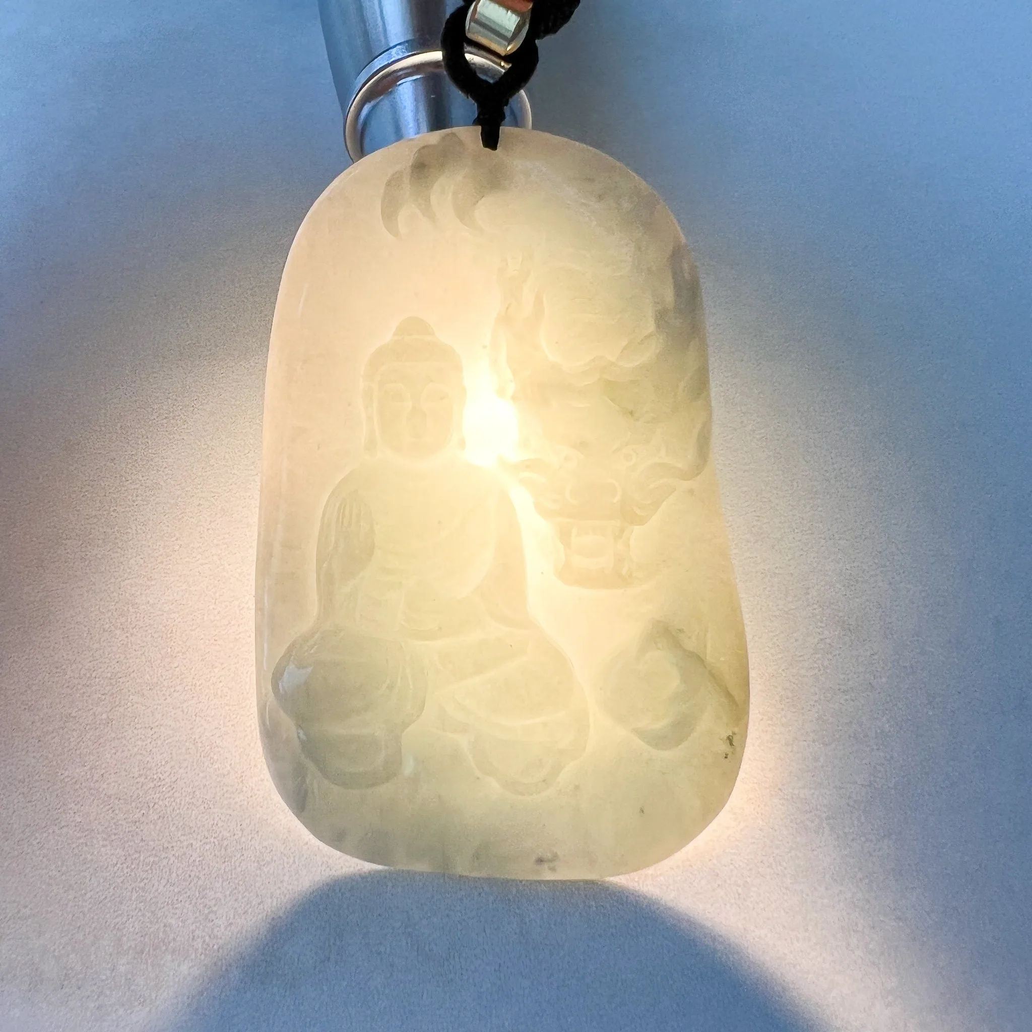 Jadeite Jade Amitabha Buddha Amita Amida and Dragon, Green Carved Pendant Necklace, YJ-0622-0397564