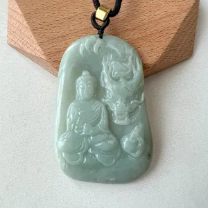 Jadeite Jade Amitabha Buddha Amita Amida and Dragon, Green Carved Pendant Necklace, YJ-0622-0397564
