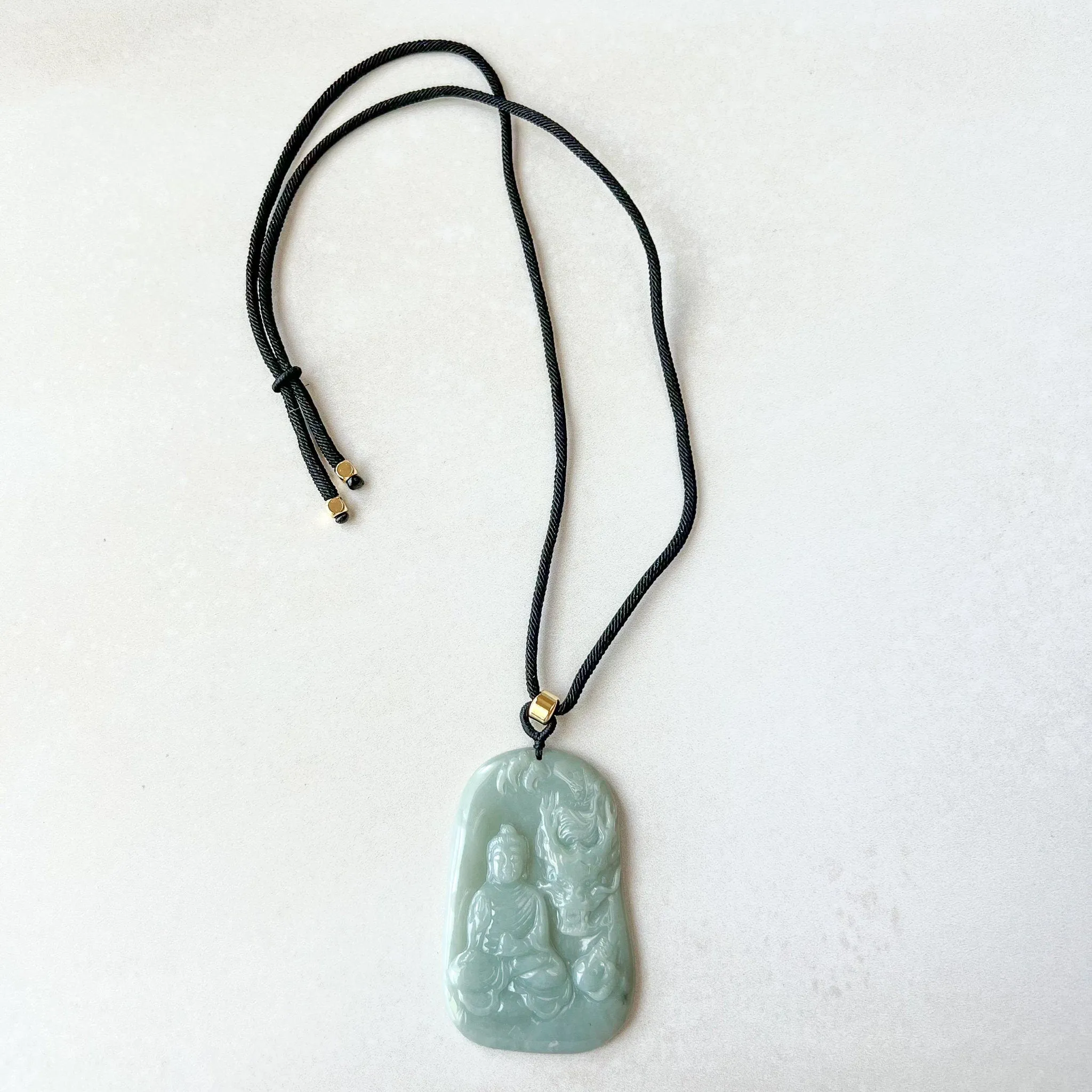 Jadeite Jade Amitabha Buddha Amita Amida and Dragon, Green Carved Pendant Necklace, YJ-0622-0397564