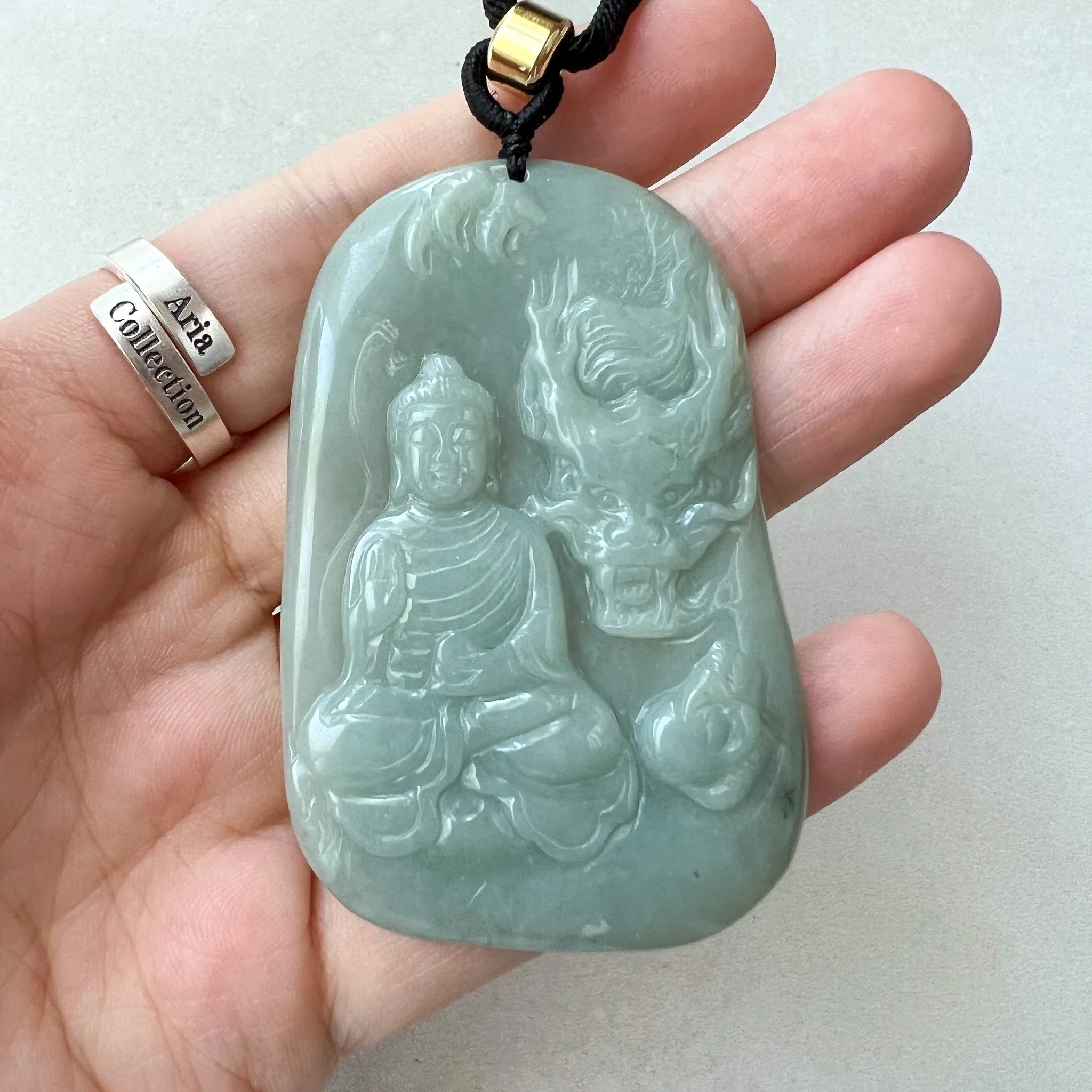Jadeite Jade Amitabha Buddha Amita Amida and Dragon, Green Carved Pendant Necklace, YJ-0622-0397564