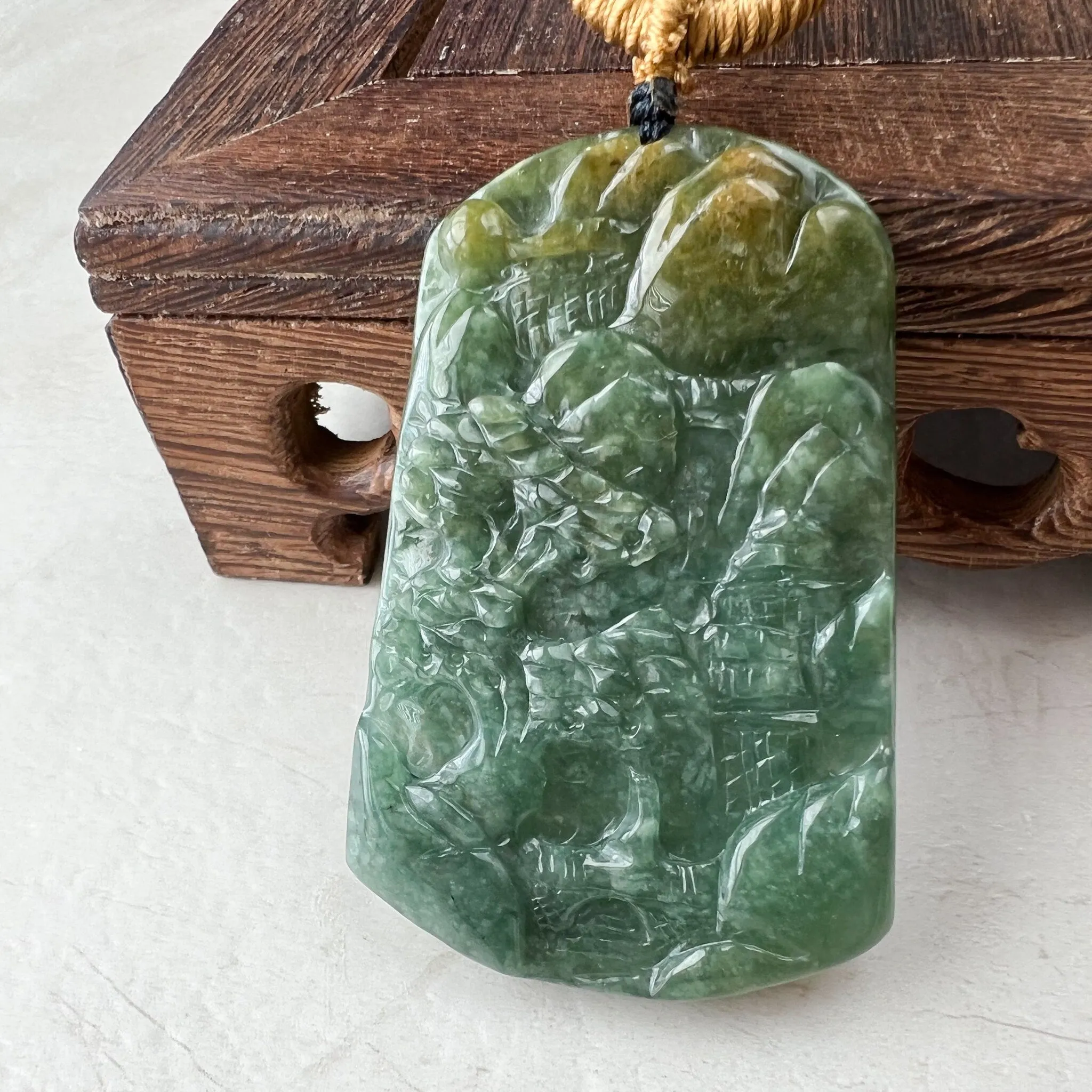 Jadeite Jade Landscape Mountain Forest River Tree, Scenery Hand Carved Pendant Necklace, YJ-1221-0177915