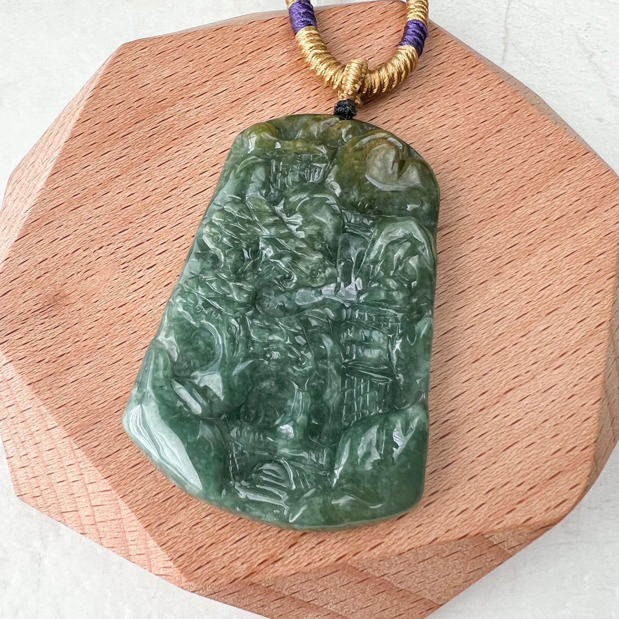 Jadeite Jade Landscape Mountain Forest River Tree, Scenery Hand Carved Pendant Necklace, YJ-1221-0177915