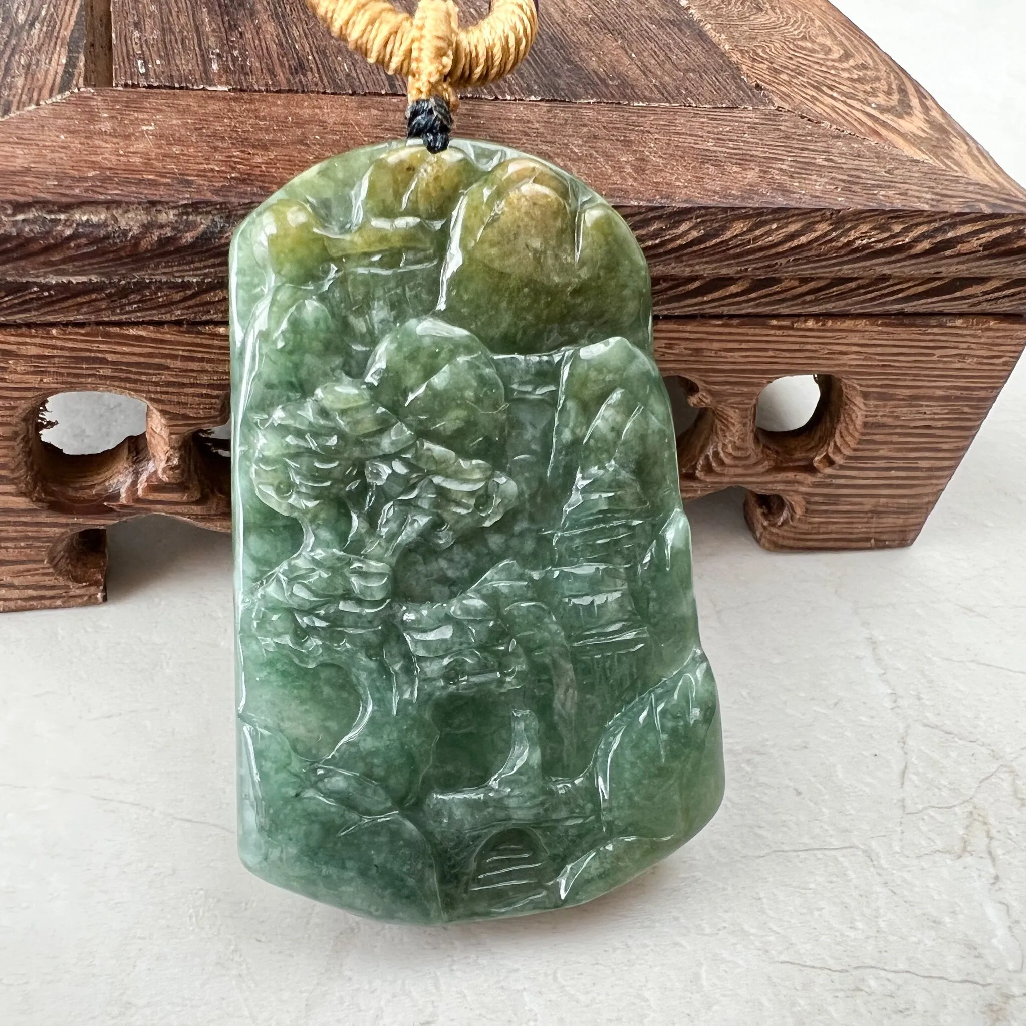 Jadeite Jade Landscape Mountain Forest River Tree, Scenery Hand Carved Pendant Necklace, YJ-1221-0177915