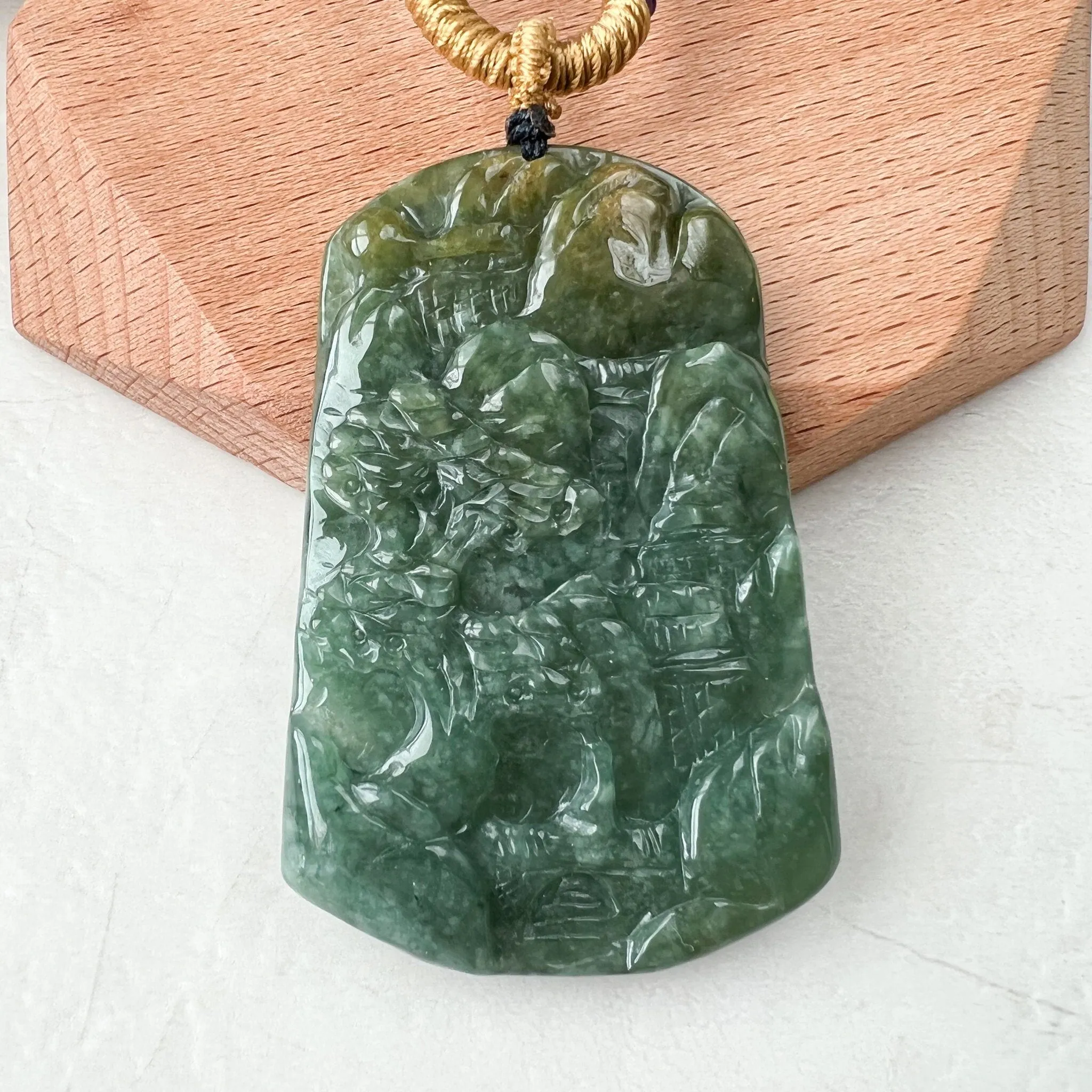 Jadeite Jade Landscape Mountain Forest River Tree, Scenery Hand Carved Pendant Necklace, YJ-1221-0177915