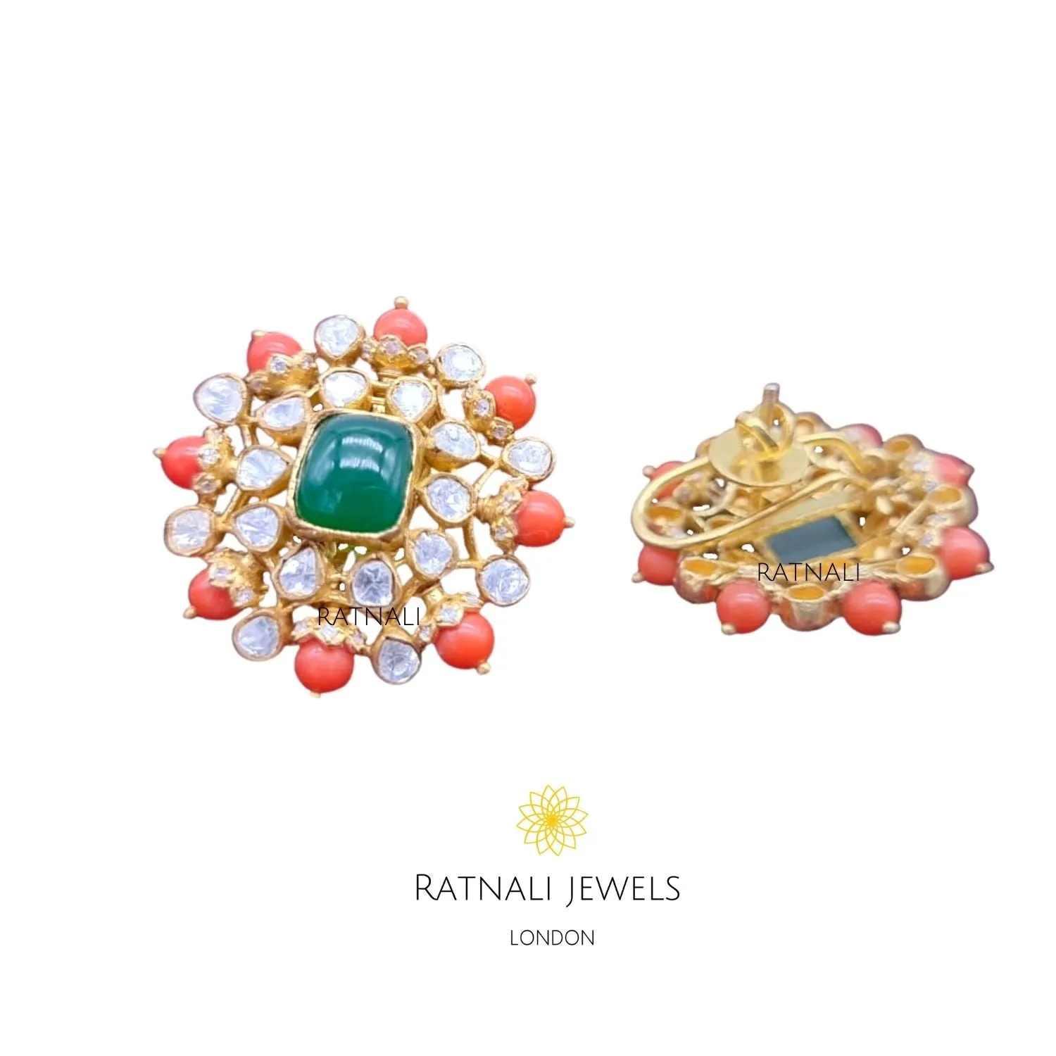 Jaipur Ratna | Moissanite Polki & Gemstone Earrings in Gold plated Silver