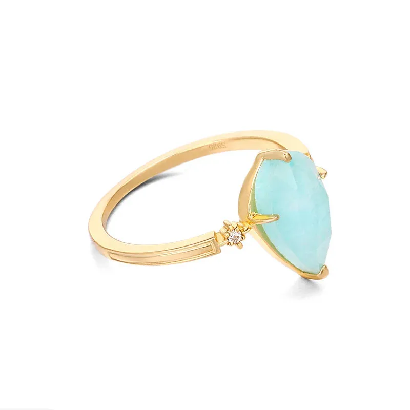 LOLO Vintage Natural Amazonite Crystal Ring For Women Gemstone Rings 925 Sterling Silver K Gold Plated Blue Stone Ring (Amazonite is valued as Gemstone the name is derived from the amazon river)