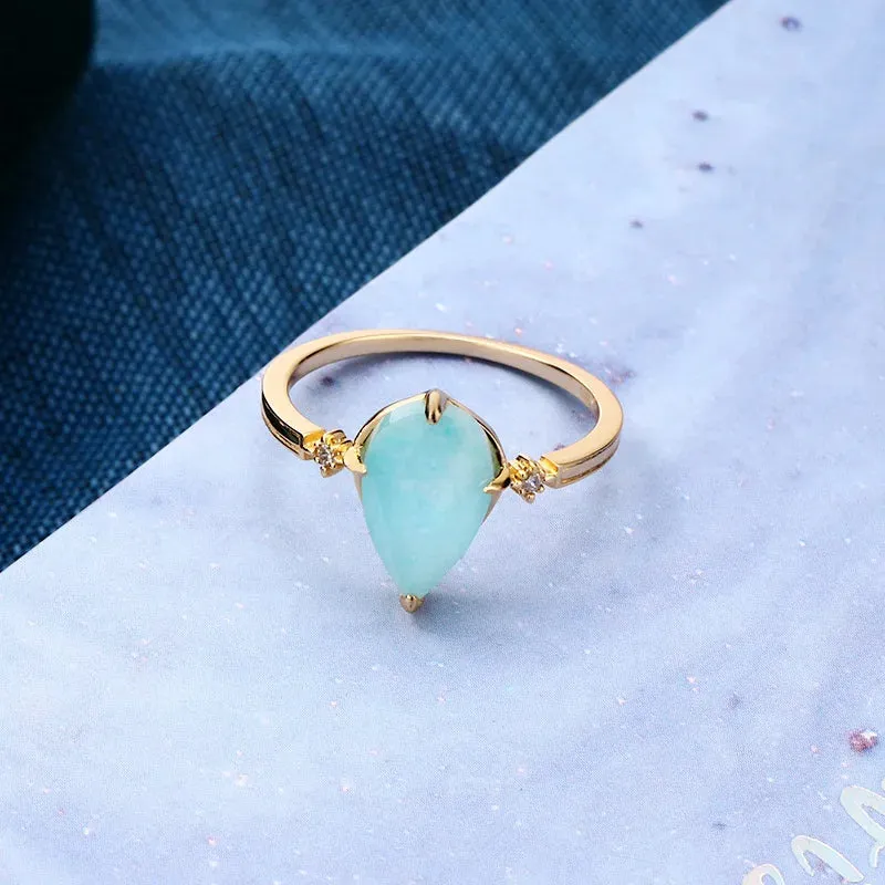 LOLO Vintage Natural Amazonite Crystal Ring For Women Gemstone Rings 925 Sterling Silver K Gold Plated Blue Stone Ring (Amazonite is valued as Gemstone the name is derived from the amazon river)