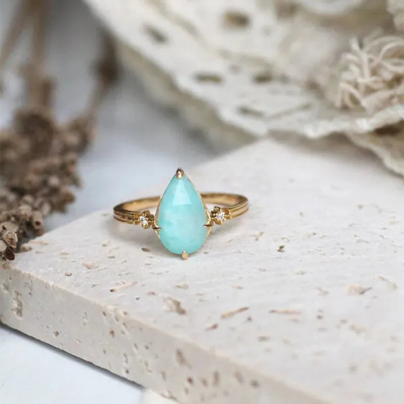 LOLO Vintage Natural Amazonite Crystal Ring For Women Gemstone Rings 925 Sterling Silver K Gold Plated Blue Stone Ring (Amazonite is valued as Gemstone the name is derived from the amazon river)