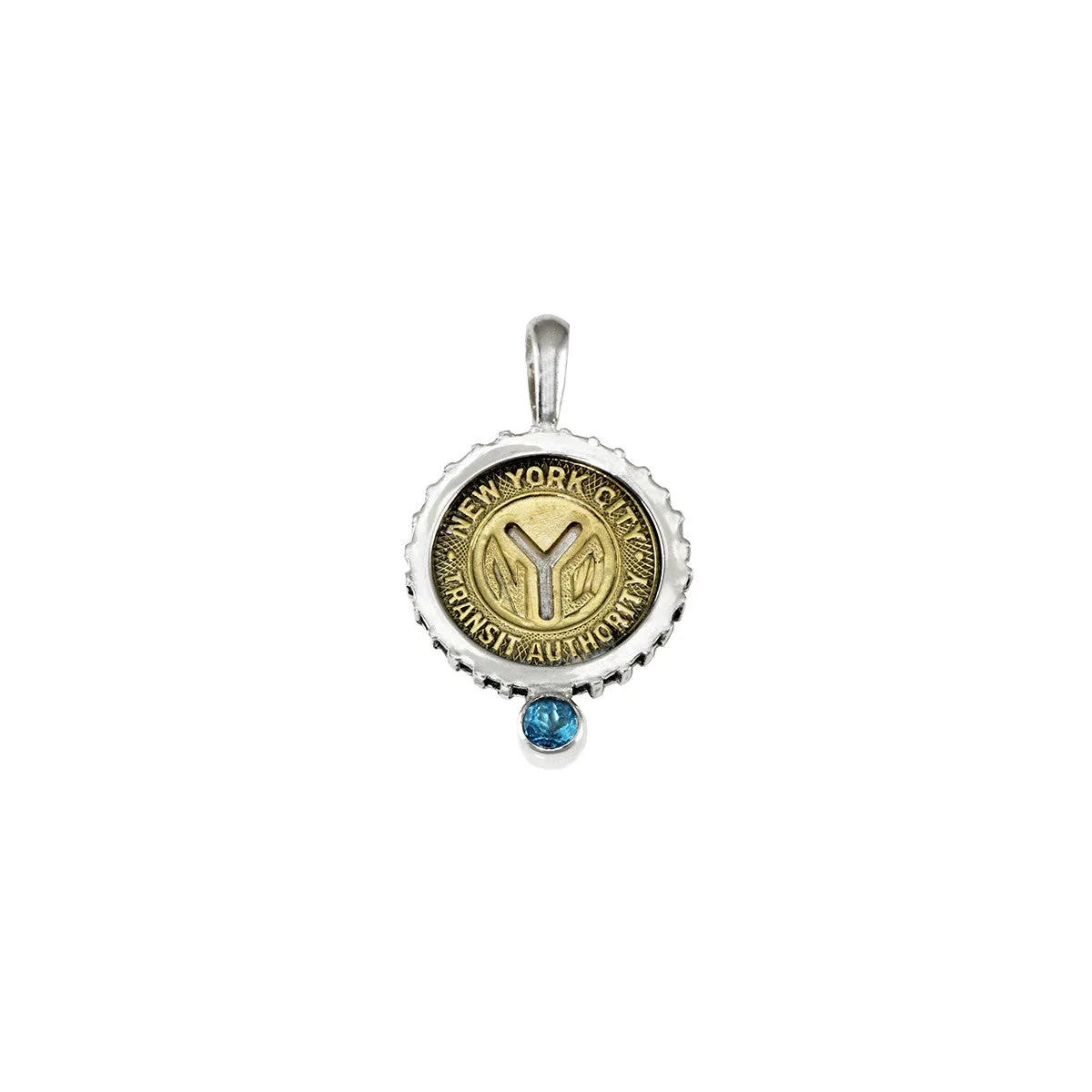 March NYC Authentic Subway Token Blue Topaz Sterling Silver Charm Necklace