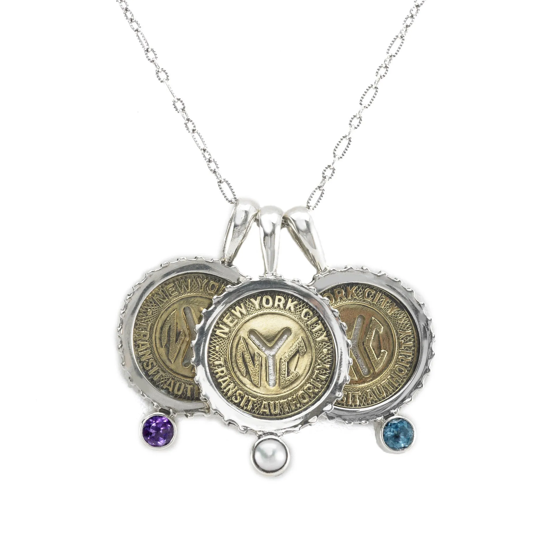March NYC Authentic Subway Token Blue Topaz Sterling Silver Charm Necklace