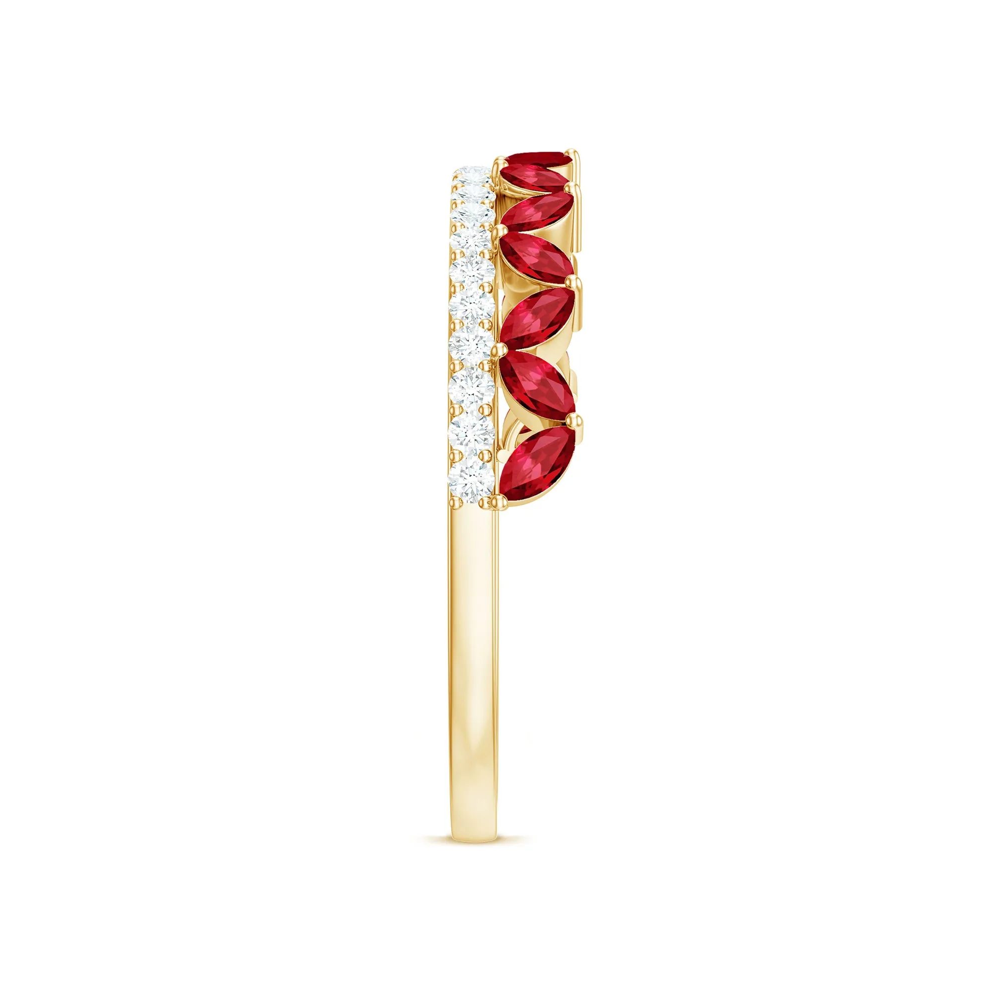 Marquise Cut Created Ruby Half Eternity Stackable Ring with Diamond