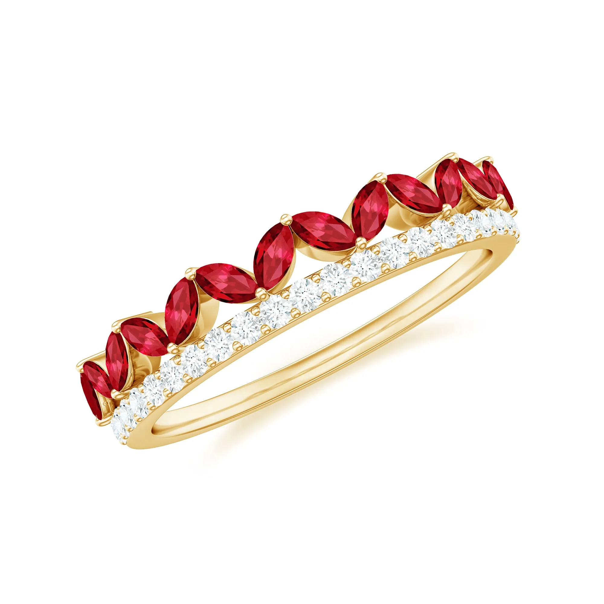 Marquise Cut Created Ruby Half Eternity Stackable Ring with Diamond