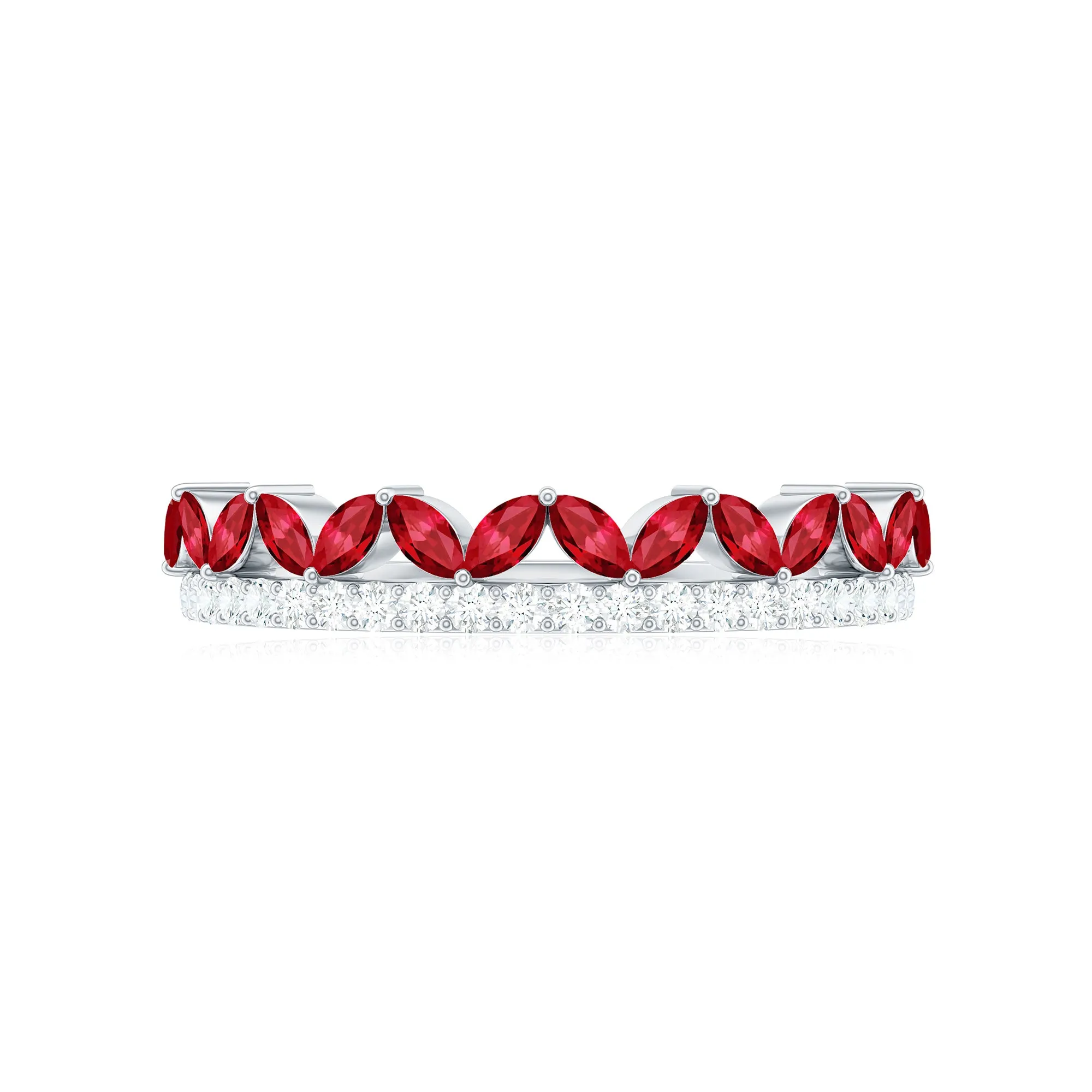 Marquise Cut Created Ruby Half Eternity Stackable Ring with Diamond