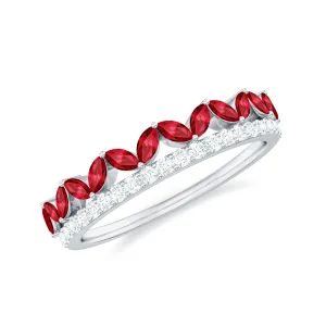 Marquise Cut Created Ruby Half Eternity Stackable Ring with Diamond