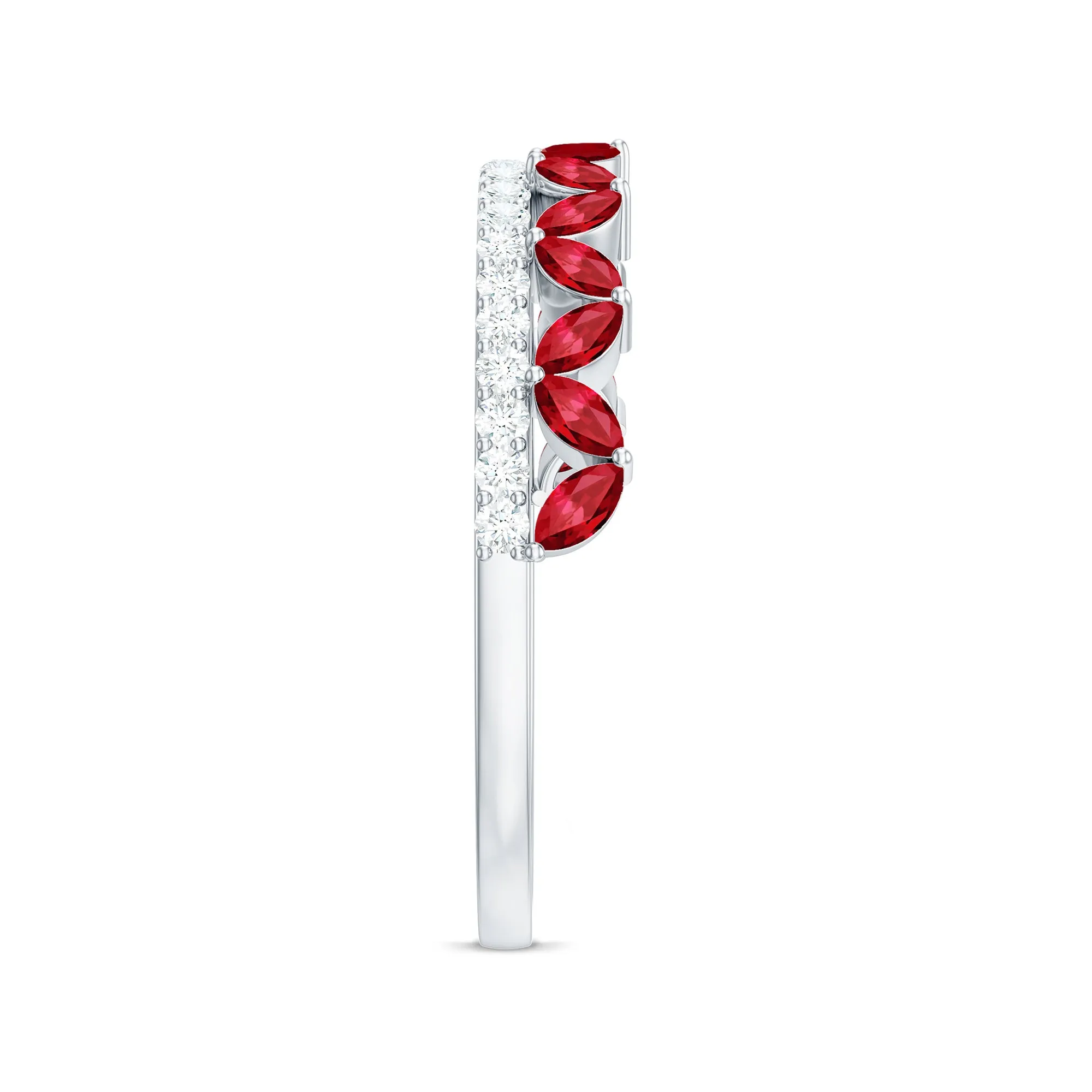 Marquise Cut Created Ruby Half Eternity Stackable Ring with Diamond