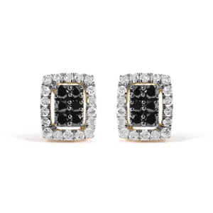 Men's 10K Yellow Gold 1.00 Cttw White and Black Diamond Emerald Shape Halo Stud Earring (Black / I-J Color, I2-I3 Clarity)